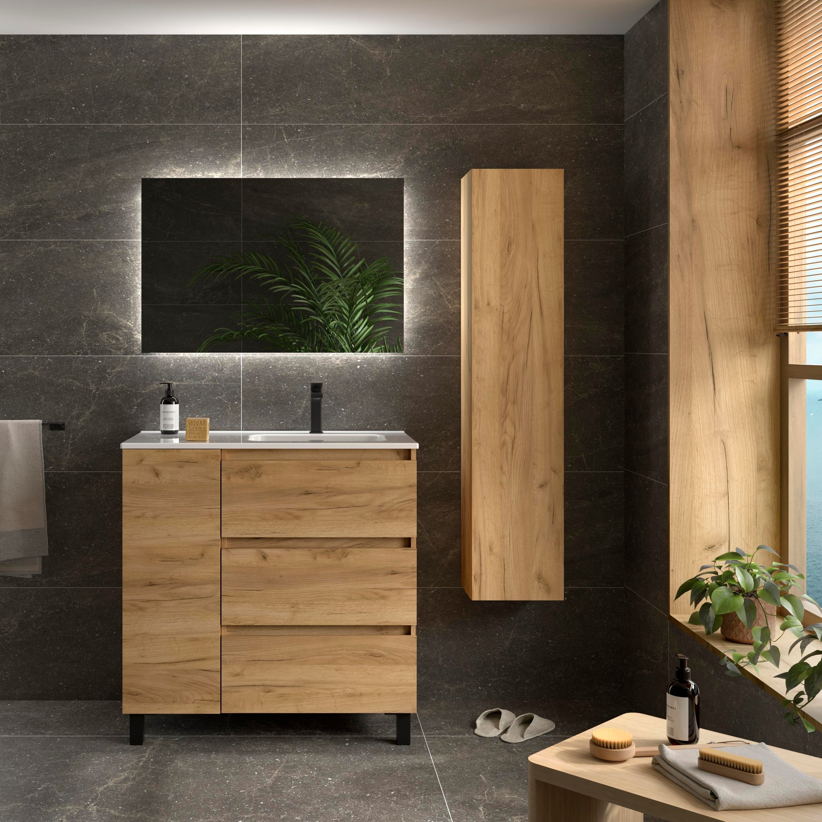 Imagen 2 de Mueble de baño 3C con 3 cajones con 1 puerta y lavabo de 1 poza grifo derechaBequia Plus Salgar - Roble 90 cm Roble