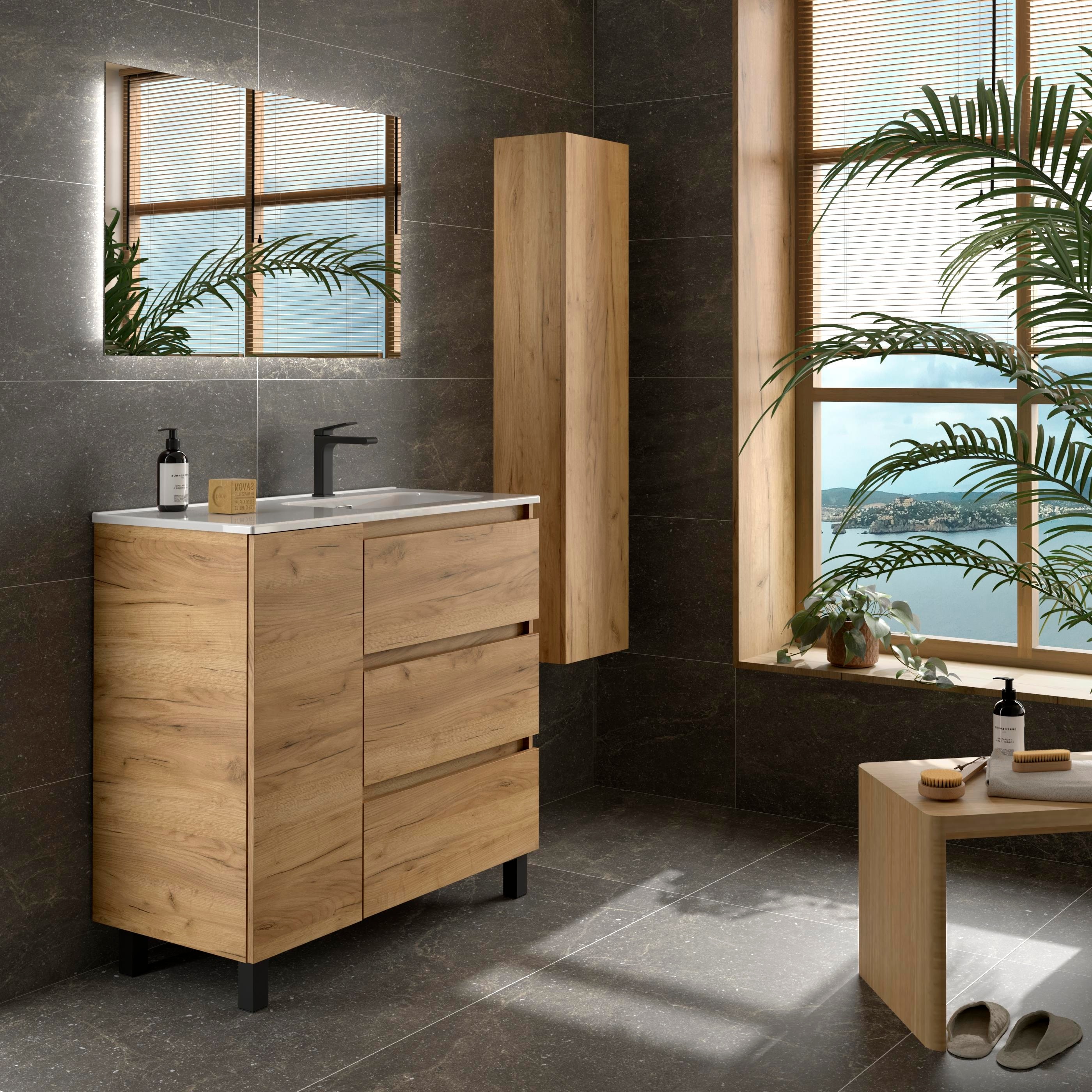 Imagen 3 de Mueble de baño 3C con 3 cajones con 1 puerta y lavabo de 1 poza grifo derechaBequia Plus Salgar - Roble 90 cm Roble