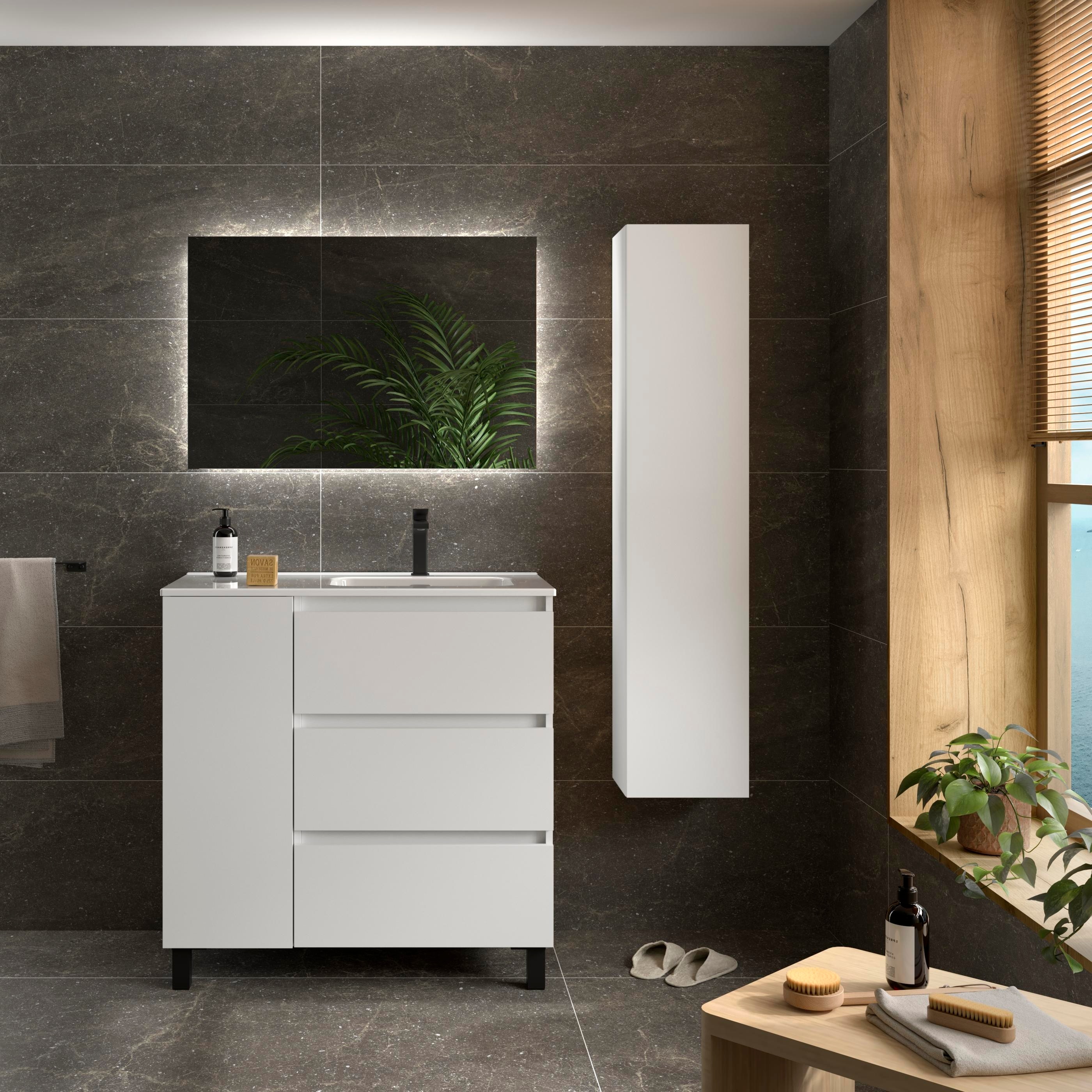 Imagen 2 de Mueble de baño 3C con 3 cajones con 1 puerta y lavabo de 1 poza grifo derecha Bequia Plus Salgar - Blanco mate 90 cm Blanco mate