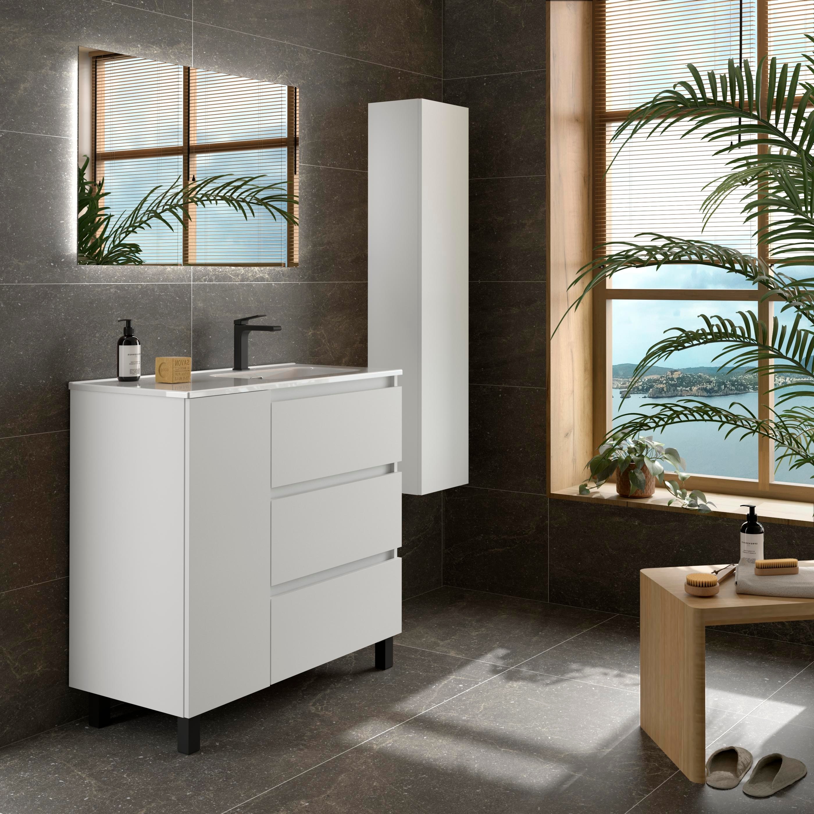 Imagen 3 de Mueble de baño 3C con 3 cajones con 1 puerta y lavabo de 1 poza grifo derecha Bequia Plus Salgar - Blanco mate 90 cm Blanco mate
