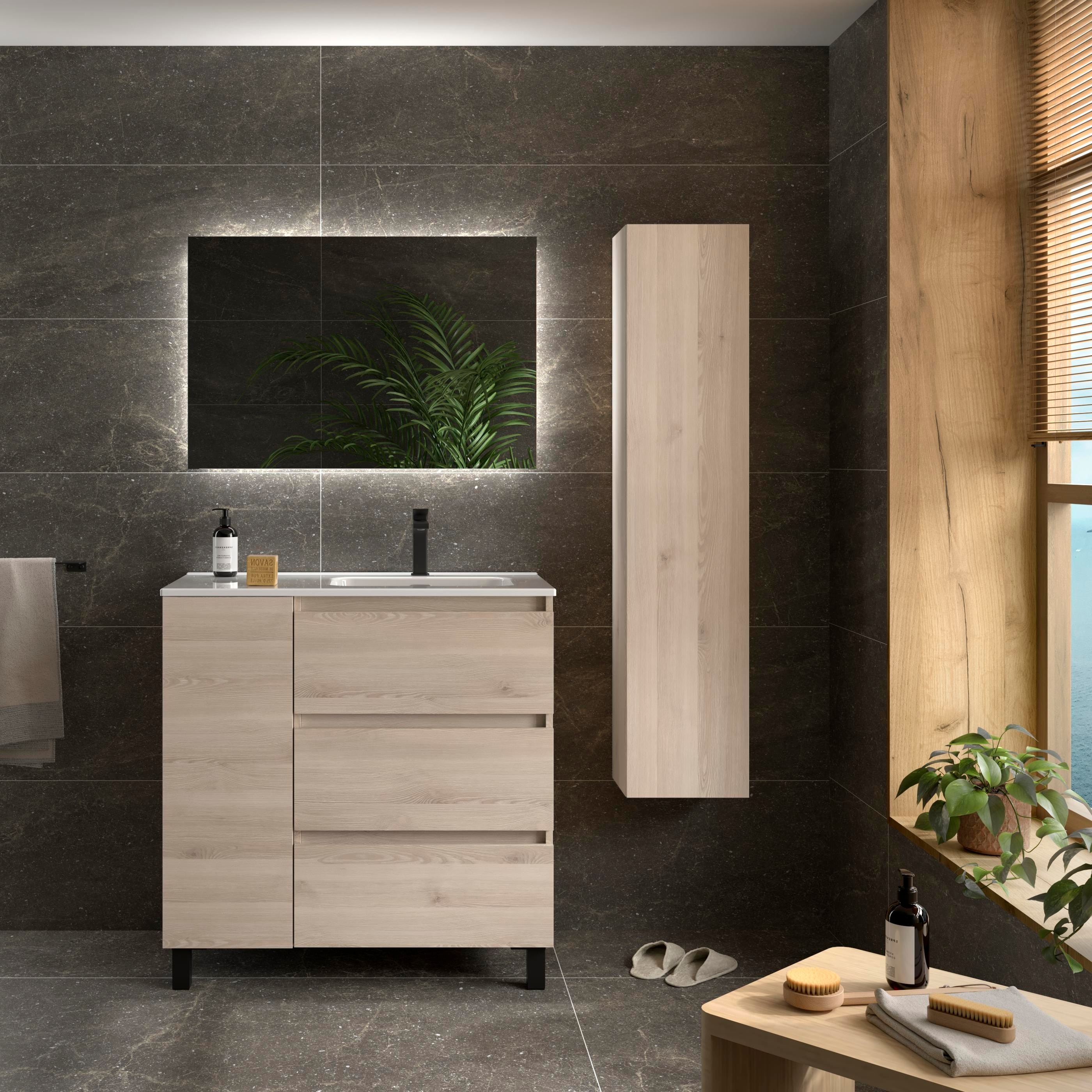 Imagen 2 de Mueble de baño 3C con 3 cajones con 1 puerta y lavabo de 1 poza grifo derecha Bequia Plus Salgar - Natural 90 cm Natural