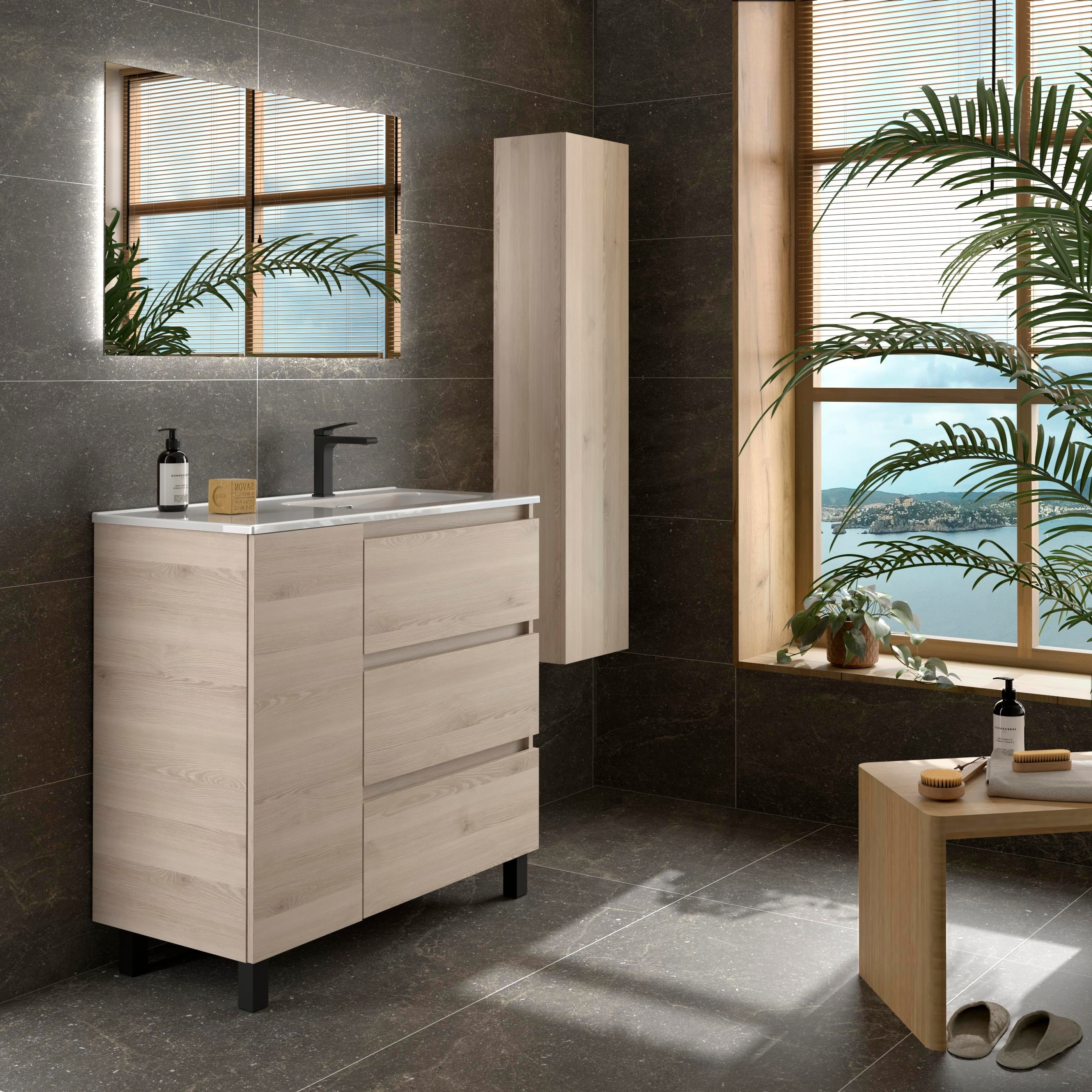 Imagen 3 de Mueble de baño 3C con 3 cajones con 1 puerta y lavabo de 1 poza grifo derecha Bequia Plus Salgar - Natural 90 cm Natural