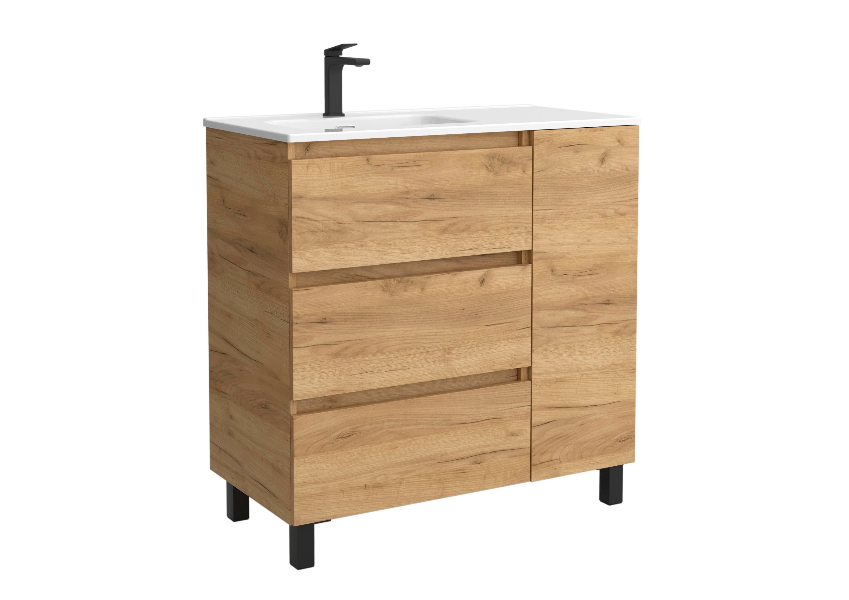 Mueble de baño 3C con 3 cajones con 1 puerta y lavabo de 1 poza grifo izquierda Bequia Plus Salgar - Roble 90 cm Roble-1