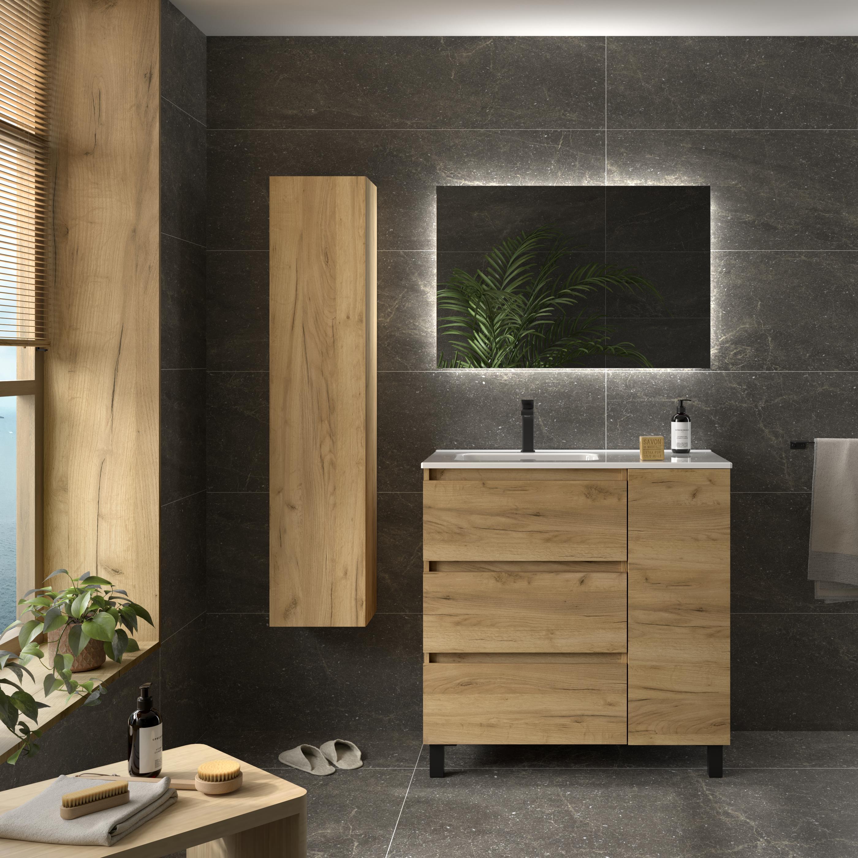 Mueble de baño 3C con 3 cajones con 1 puerta y lavabo de 1 poza grifo izquierda Bequia Plus Salgar - Roble 90 cm Roble-2