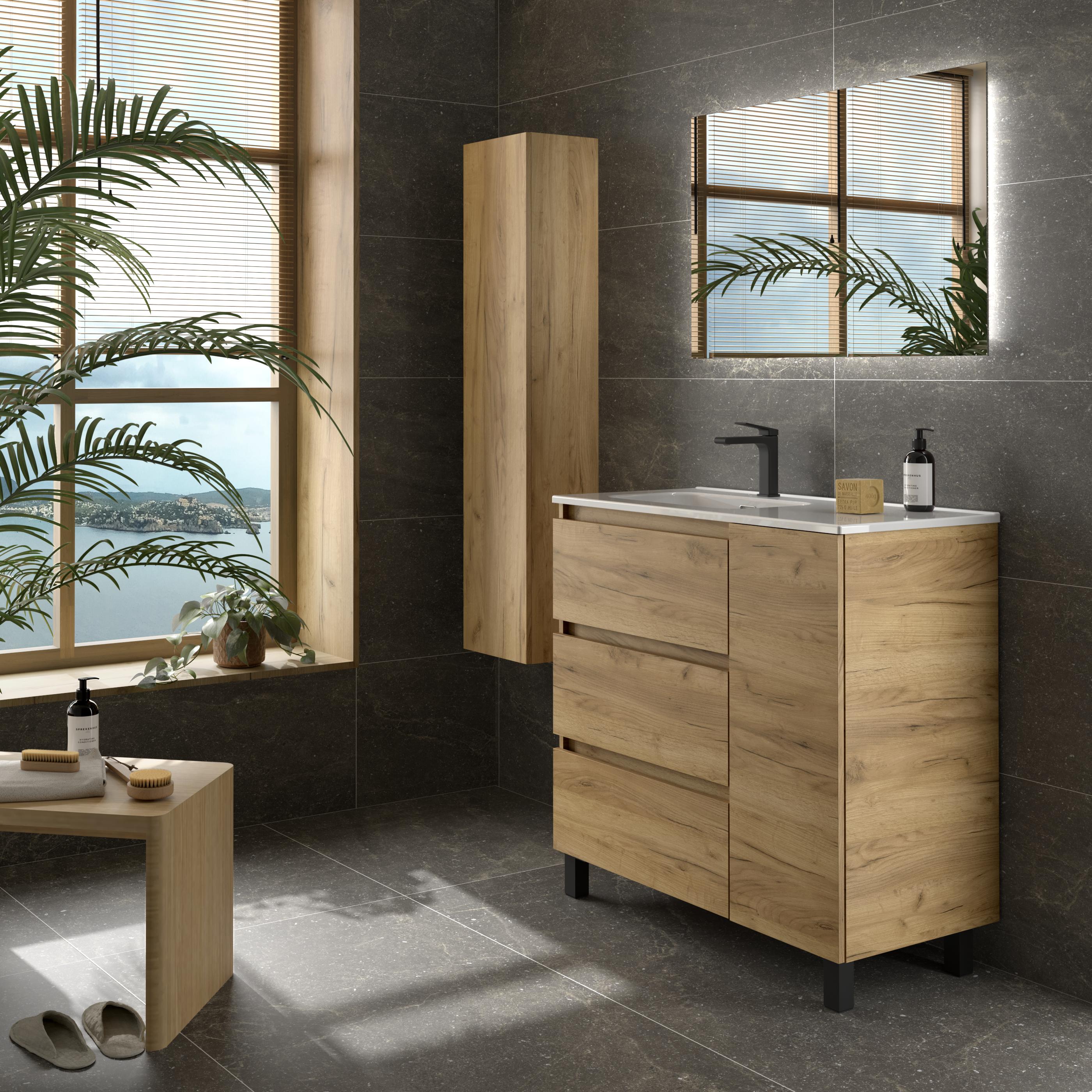 Mueble de baño 3C con 3 cajones con 1 puerta y lavabo de 1 poza grifo izquierda Bequia Plus Salgar - Roble 90 cm Roble-3