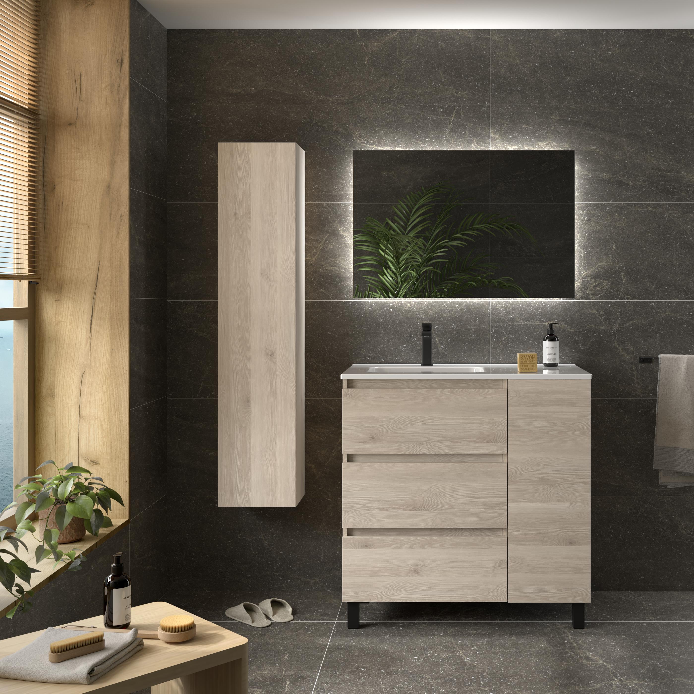 Mueble de baño 3C con 3 cajones con 1 puerta y lavabo de 1 poza grifo izquierda Bequia Plus Salgar - Natural 90 cm Natural-2