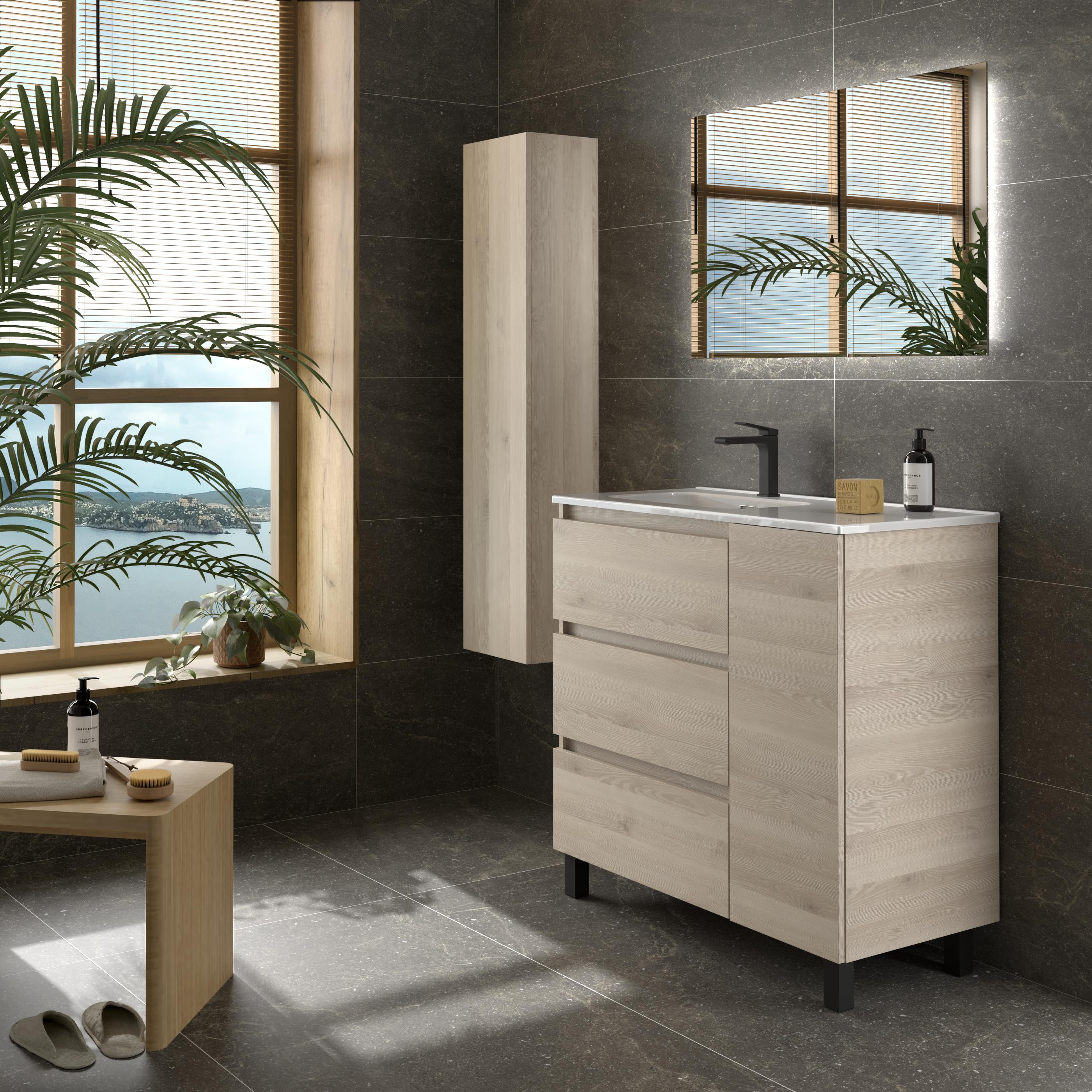 Mueble de baño 3C con 3 cajones con 1 puerta y lavabo de 1 poza grifo izquierda Bequia Plus Salgar - Natural 90 cm Natural-3