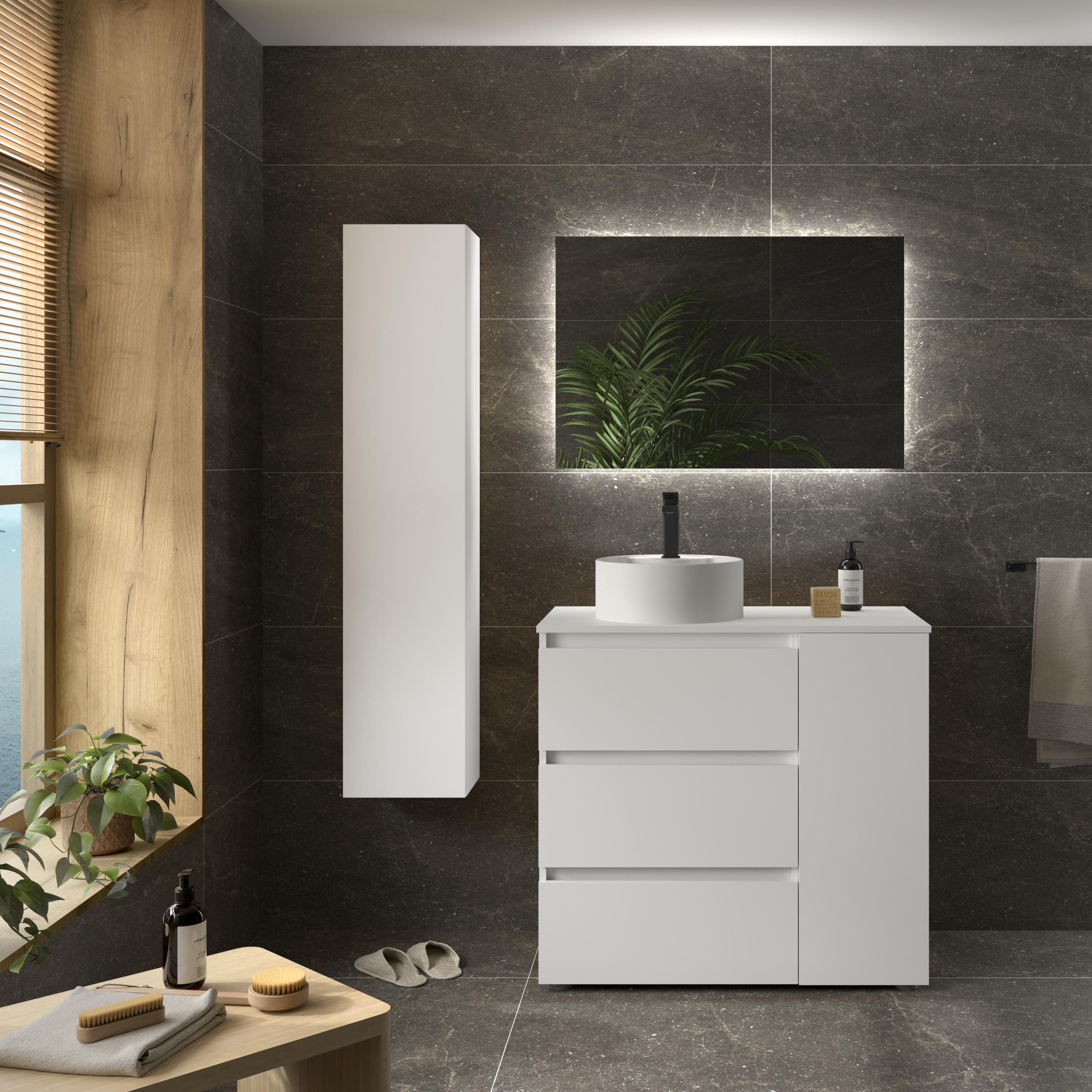 Imagen 2 de Mueble de baño 3C con 3 cajones con 1 puerta y lavabo sobre encimera de 1 poza lado reversible Bequia Plus Salgar - Blanco mate 90 cm Blanco mate
