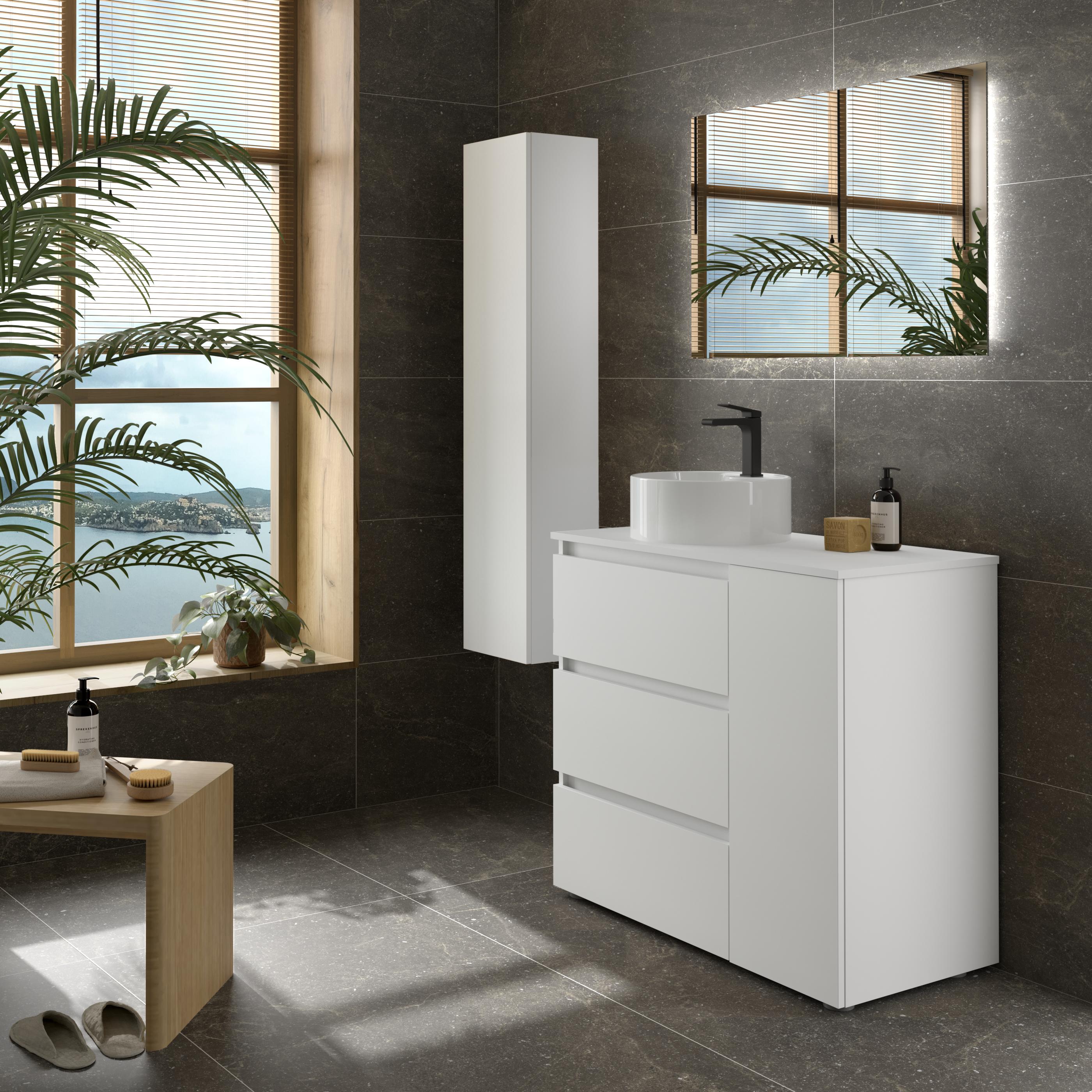 Imagen 3 de Mueble de baño 3C con 3 cajones con 1 puerta y lavabo sobre encimera de 1 poza lado reversible Bequia Plus Salgar - Blanco mate 90 cm Blanco mate