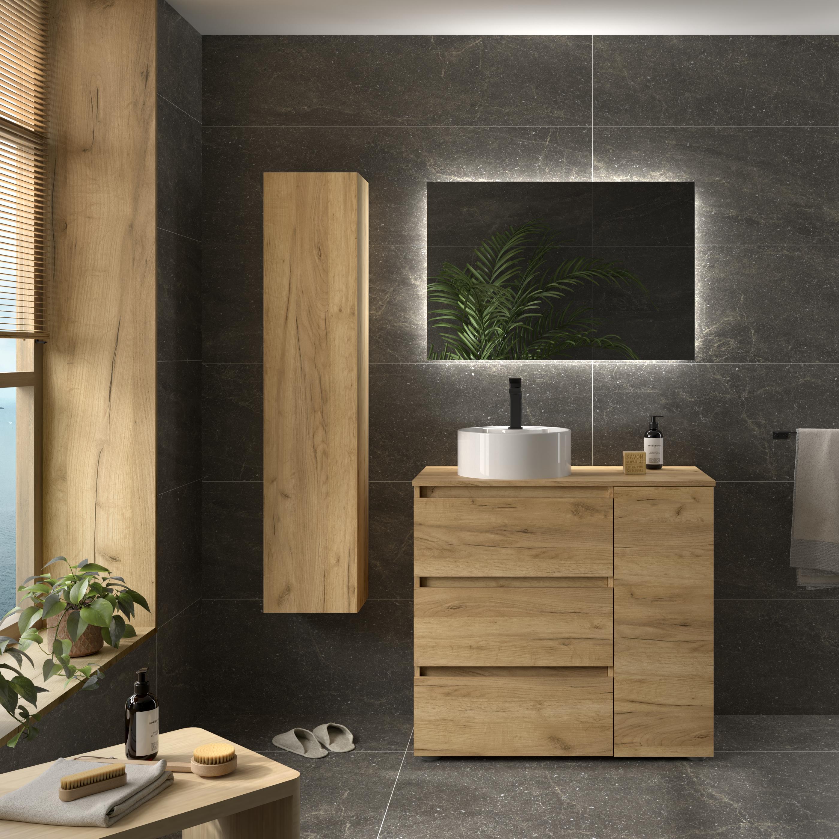 Imagen 2 de Mueble de baño 3C con 3 cajones con 1 puerta y lavabo sobre encimera de 1 poza lado reversible Bequia Plus Salgar - Roble 90 cm Roble