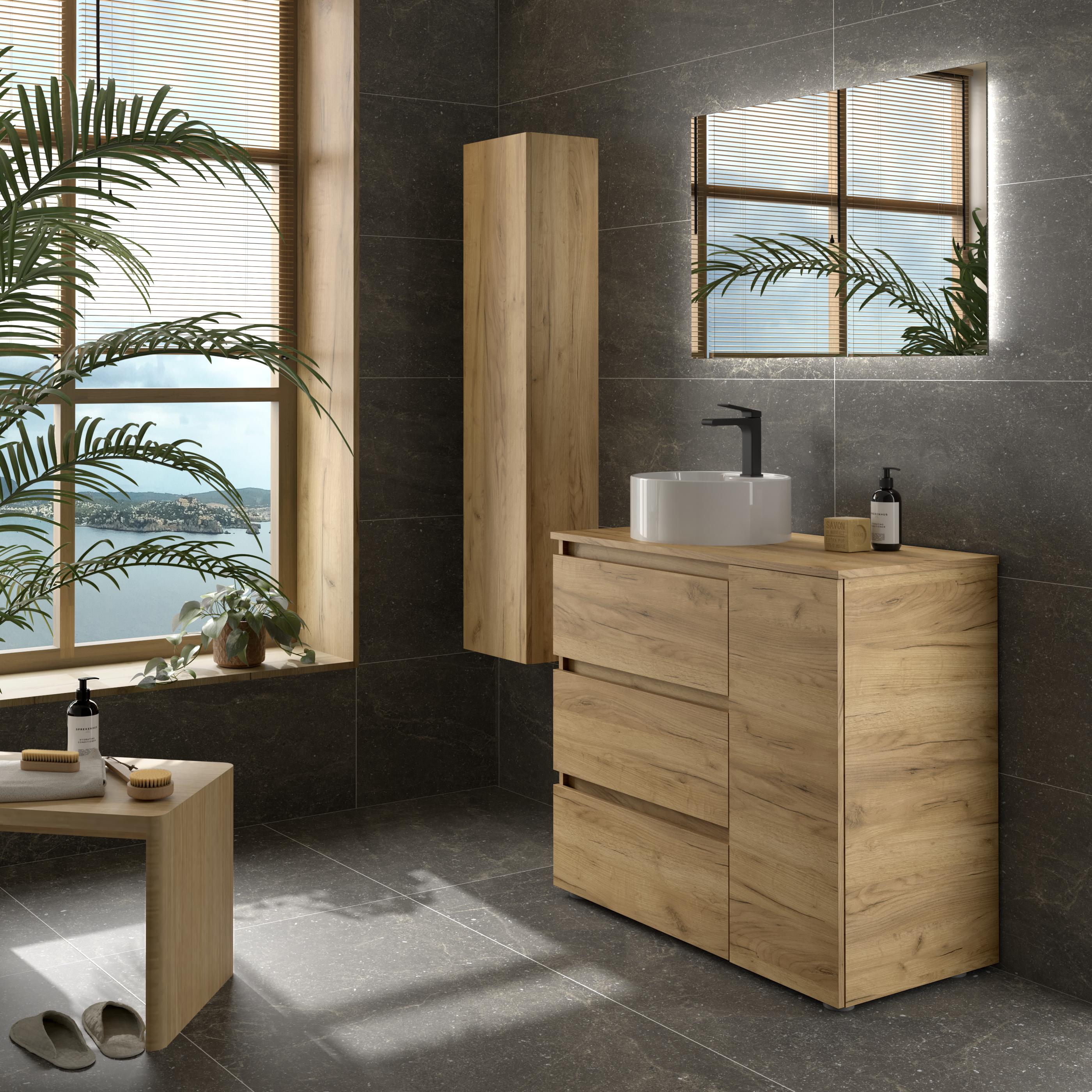 Imagen 3 de Mueble de baño 3C con 3 cajones con 1 puerta y lavabo sobre encimera de 1 poza lado reversible Bequia Plus Salgar - Roble 90 cm Roble
