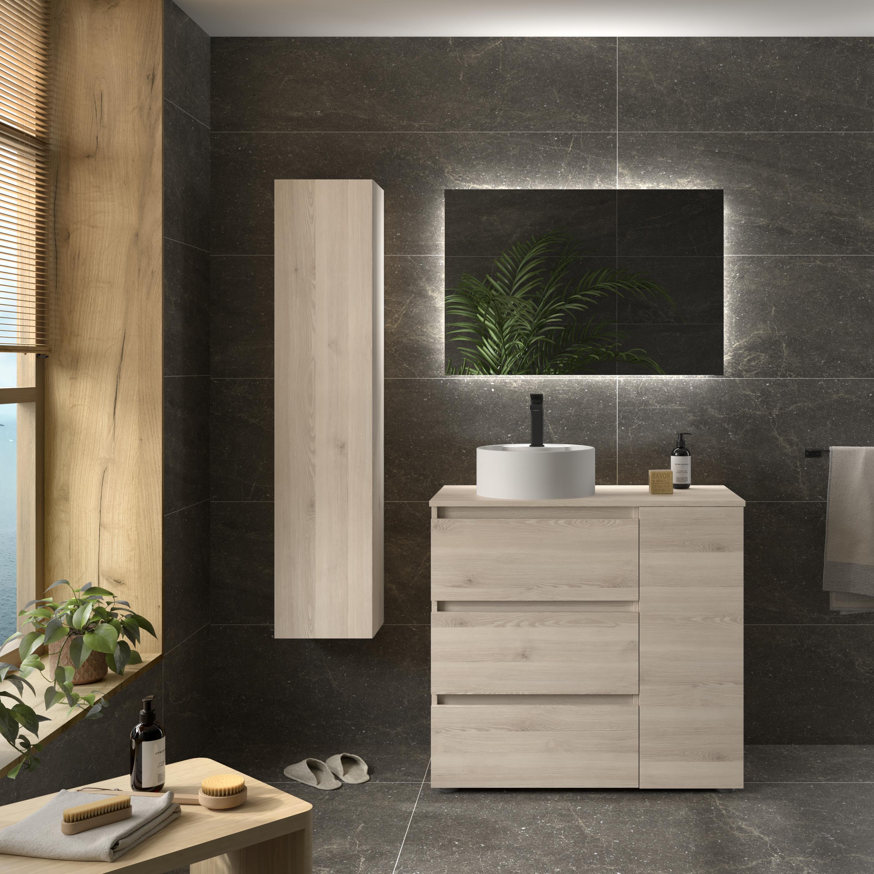 Imagen 2 de Mueble de baño 3C con 3 cajones con 1 puerta y lavabo sobre encimera de 1 poza lado reversible Bequia Plus Salgar - Natural 90 cm Natural