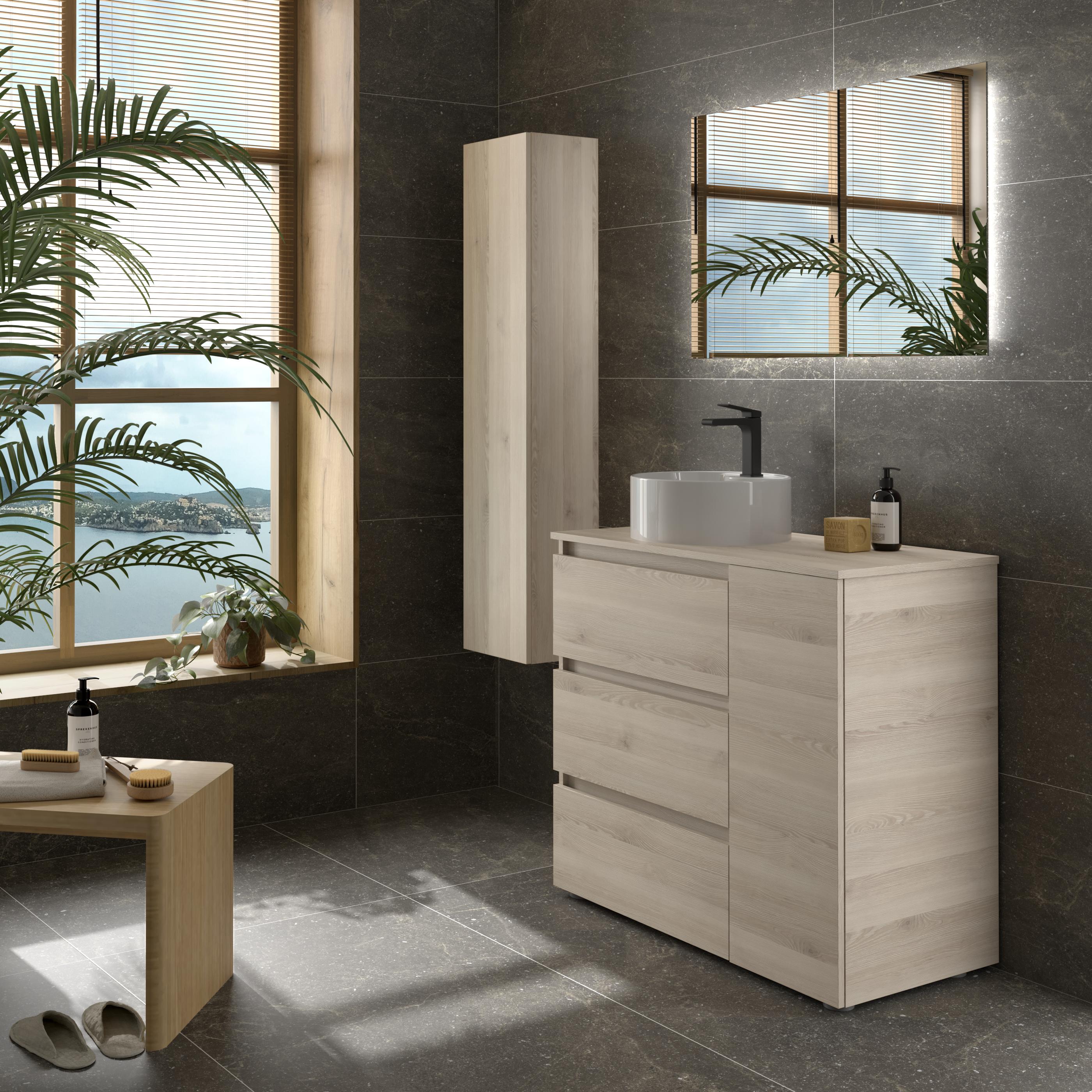 Imagen 3 de Mueble de baño 3C con 3 cajones con 1 puerta y lavabo sobre encimera de 1 poza lado reversible Bequia Plus Salgar - Natural 90 cm Natural