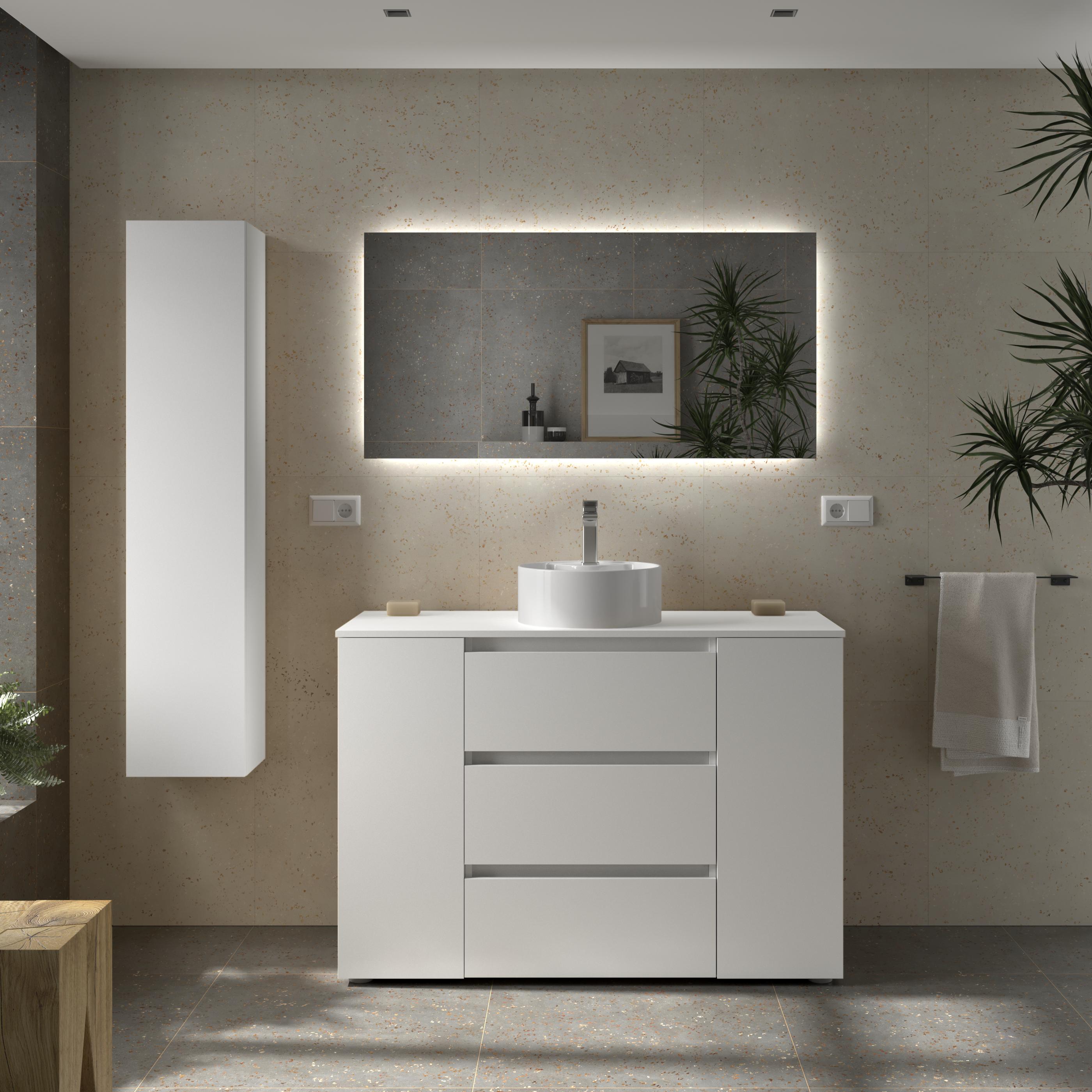 Imagen 2 de Mueble de baño 3C con 3 cajones con 1 puerta y lavabo sobre encimera de 1 poza lado reversible Bequia Plus Salgar - Blanco mate 120 cm Blanco mate