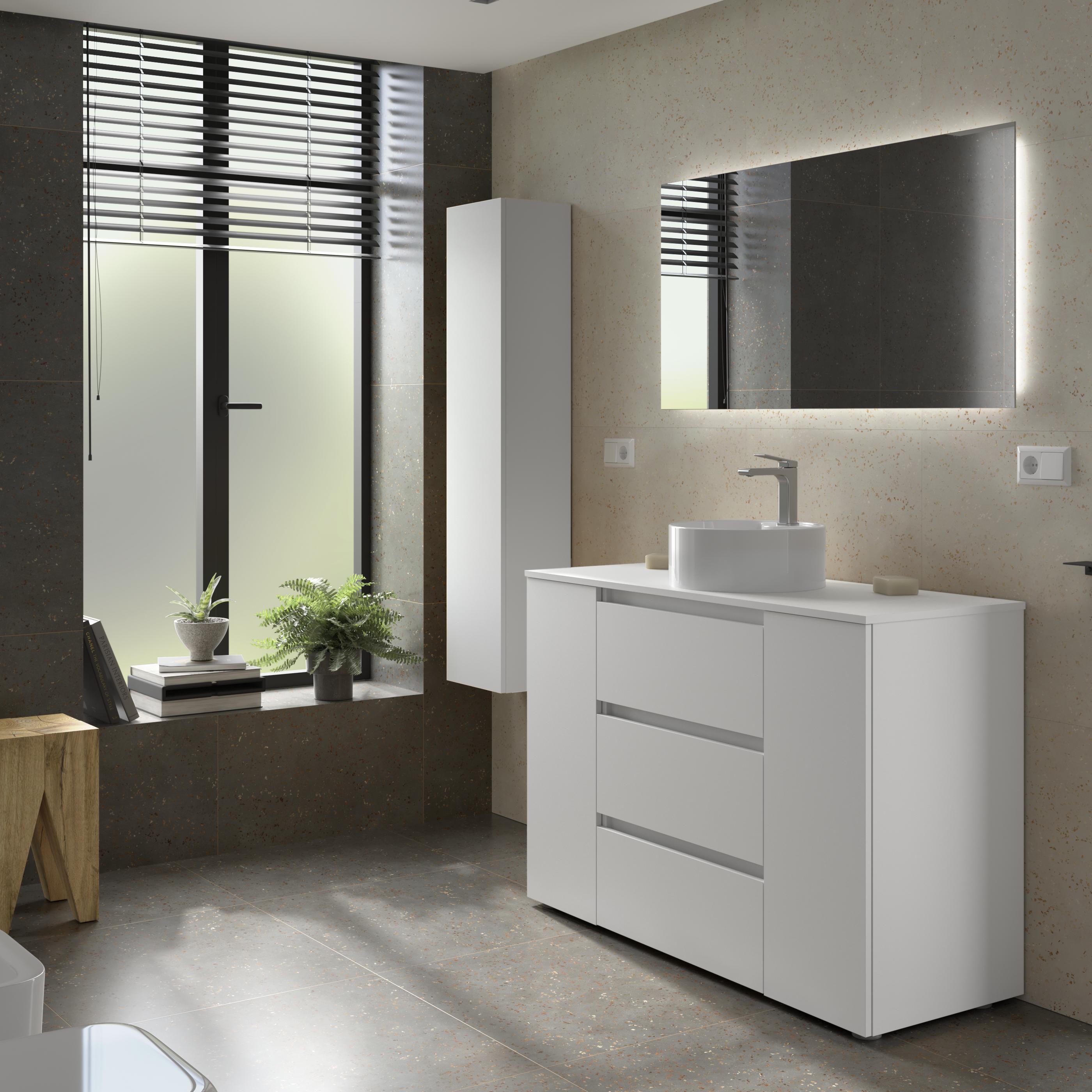 Imagen 3 de Mueble de baño 3C con 3 cajones con 1 puerta y lavabo sobre encimera de 1 poza lado reversible Bequia Plus Salgar - Blanco mate 120 cm Blanco mate
