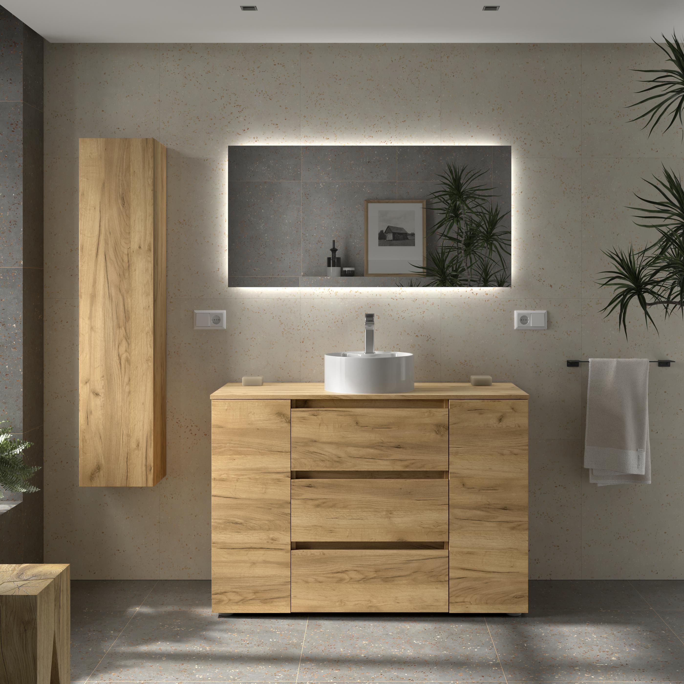 Imagen 2 de Mueble de baño 3C con 3 cajones con 1 puerta y lavabo sobre encimera de 1 poza lado reversible Bequia Plus Salgar - Roble 120 cm Roble