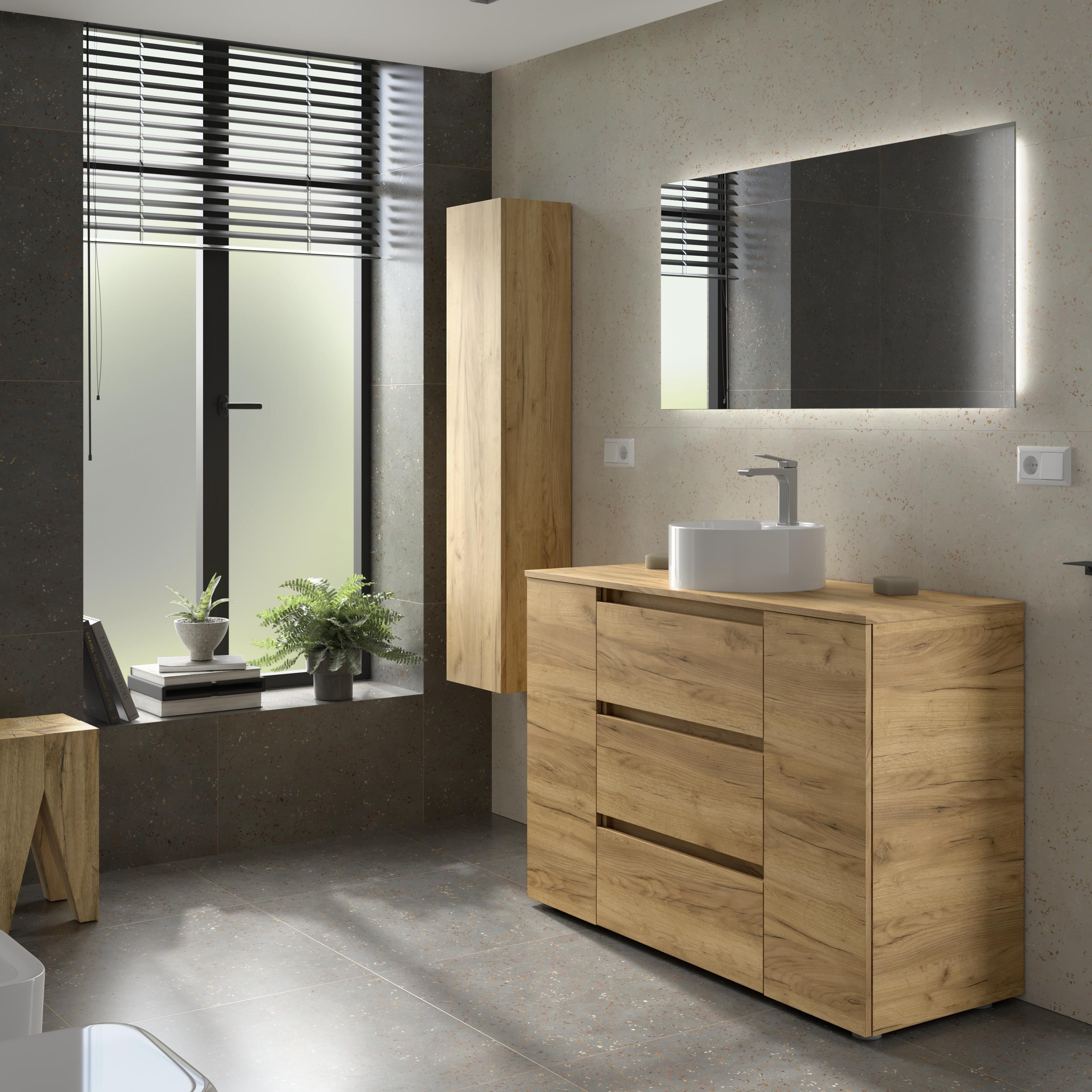 Imagen 3 de Mueble de baño 3C con 3 cajones con 1 puerta y lavabo sobre encimera de 1 poza lado reversible Bequia Plus Salgar - Roble 120 cm Roble