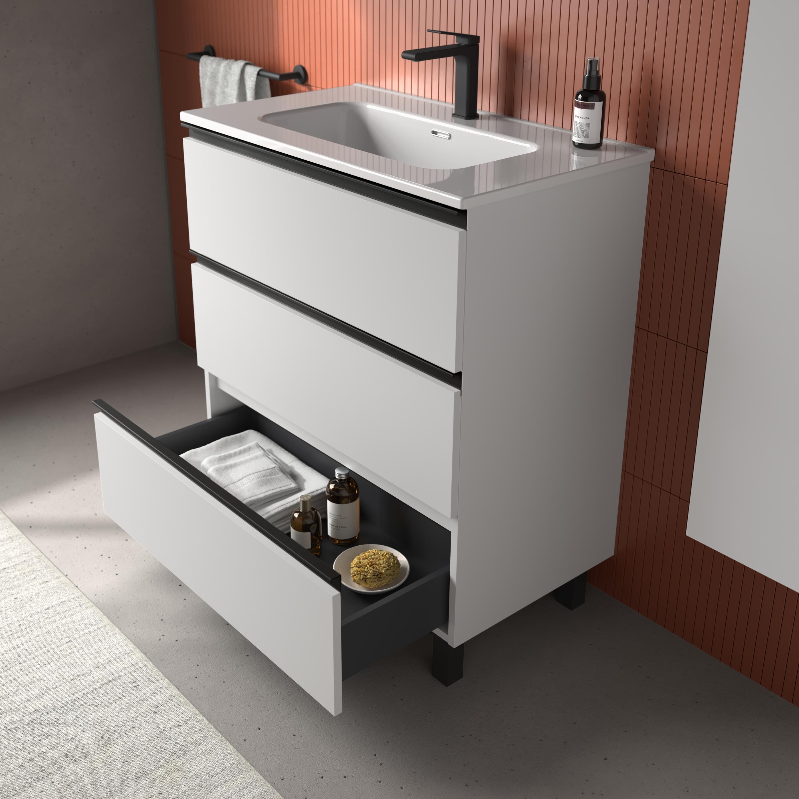 Imagen 3 de Mueble de baño metal 3C con 3 cajones y lavabo de 1 poza Bequia Salgar - Blanco mate 80 cm Blanco mate