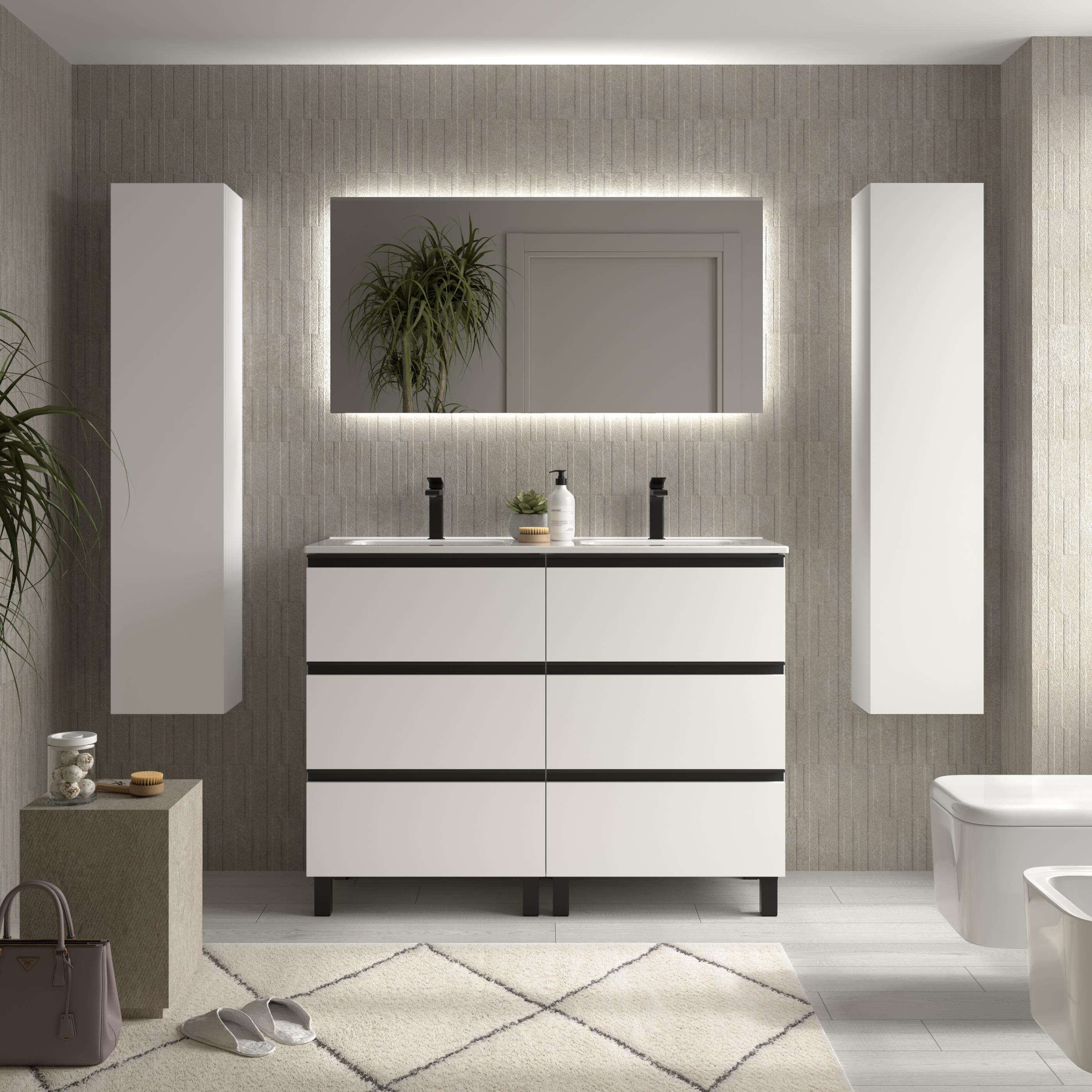 Imagen 2 de Mueble de baño metal 3C con 6 cajones y lavabo de 2 pozas Bequia Salgar - Blanco mate 120 cm Blanco mate