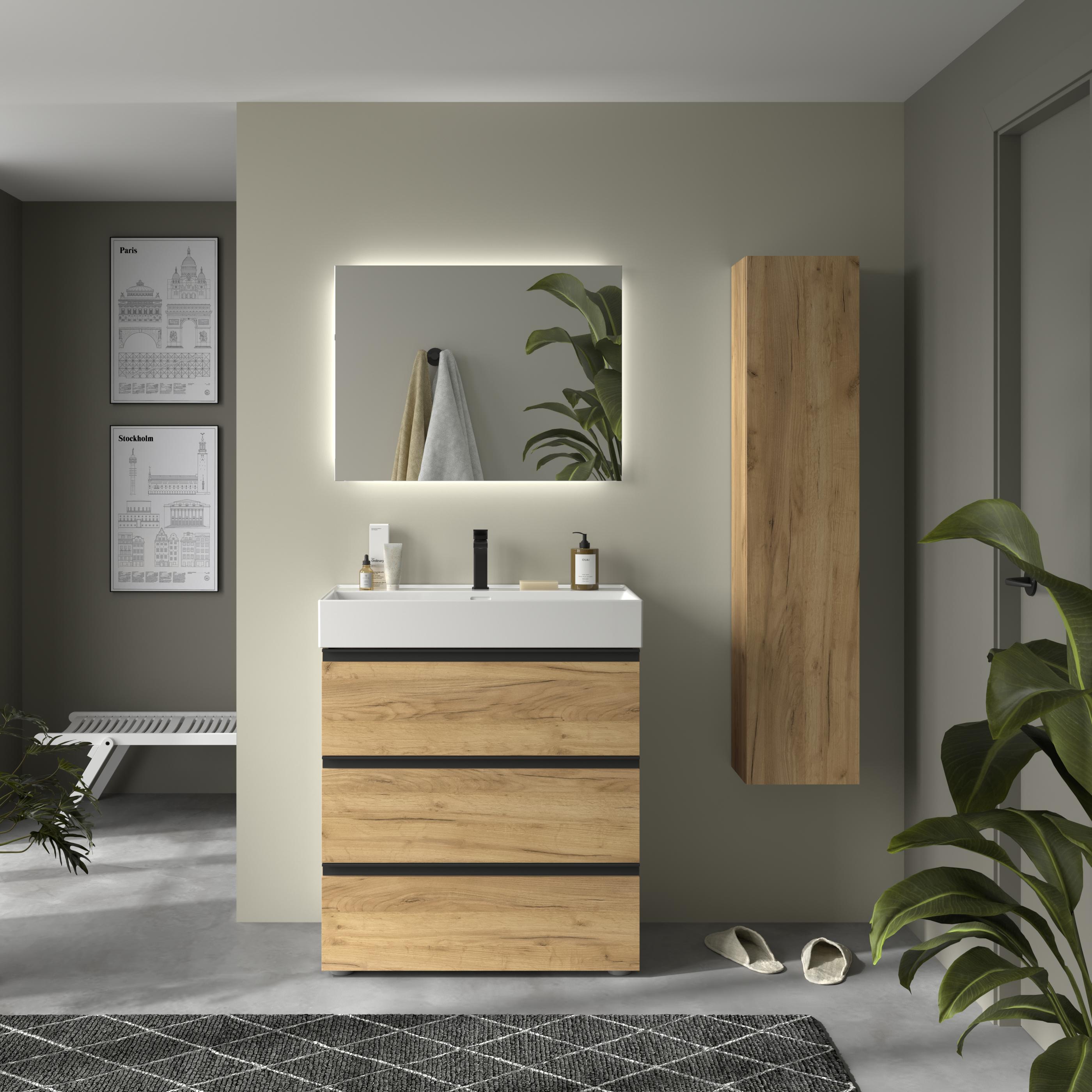 Imagen 2 de Mueble de baño metal 3C con 3 cajones y lavabo Veneto de 1 poza Bequia Salgar - Roble 80 cm Roble