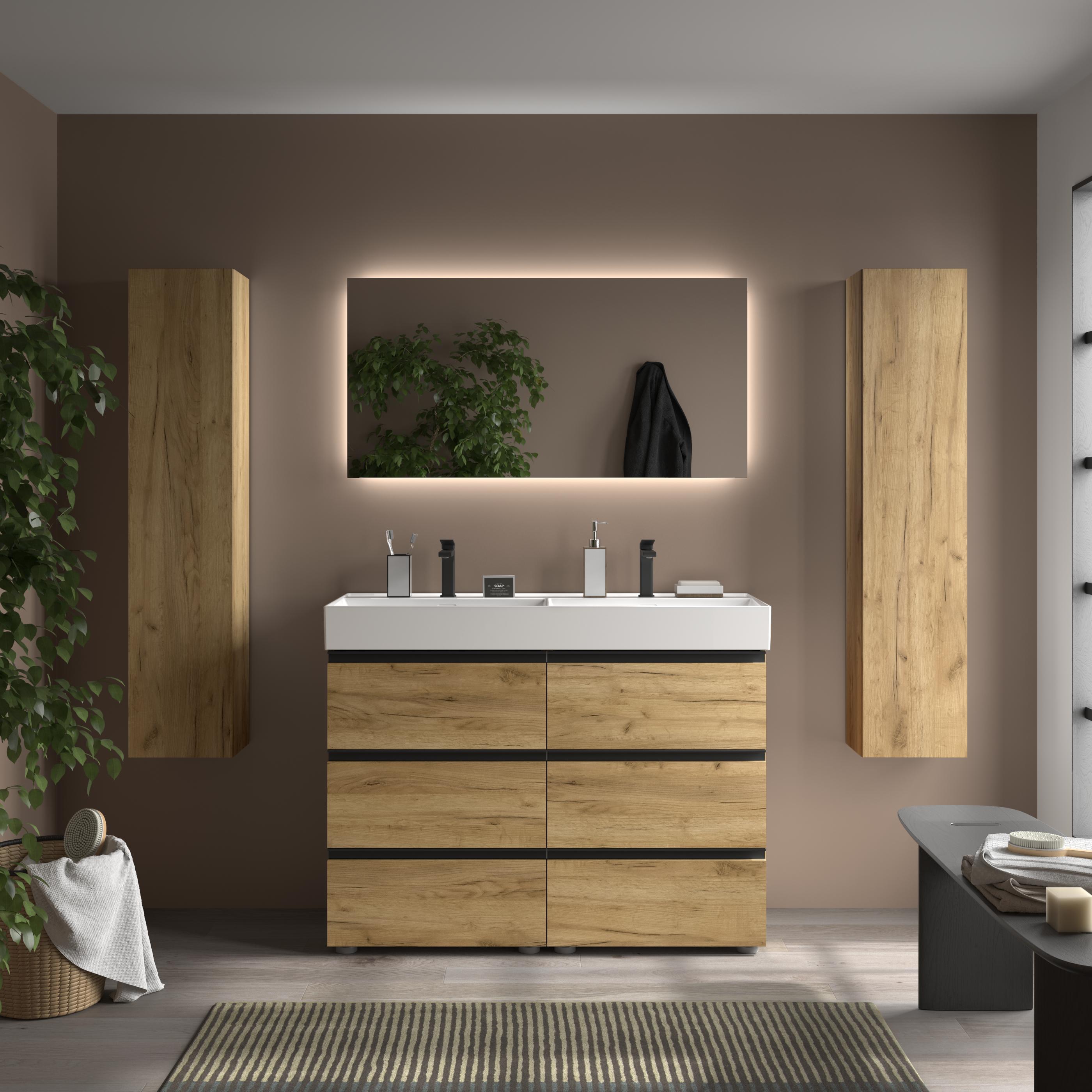 Imagen 2 de Mueble de baño metal 3C con 6 cajones y lavabo Veneto de 2 pozas Bequia Salgar - Roble 120 cm Roble