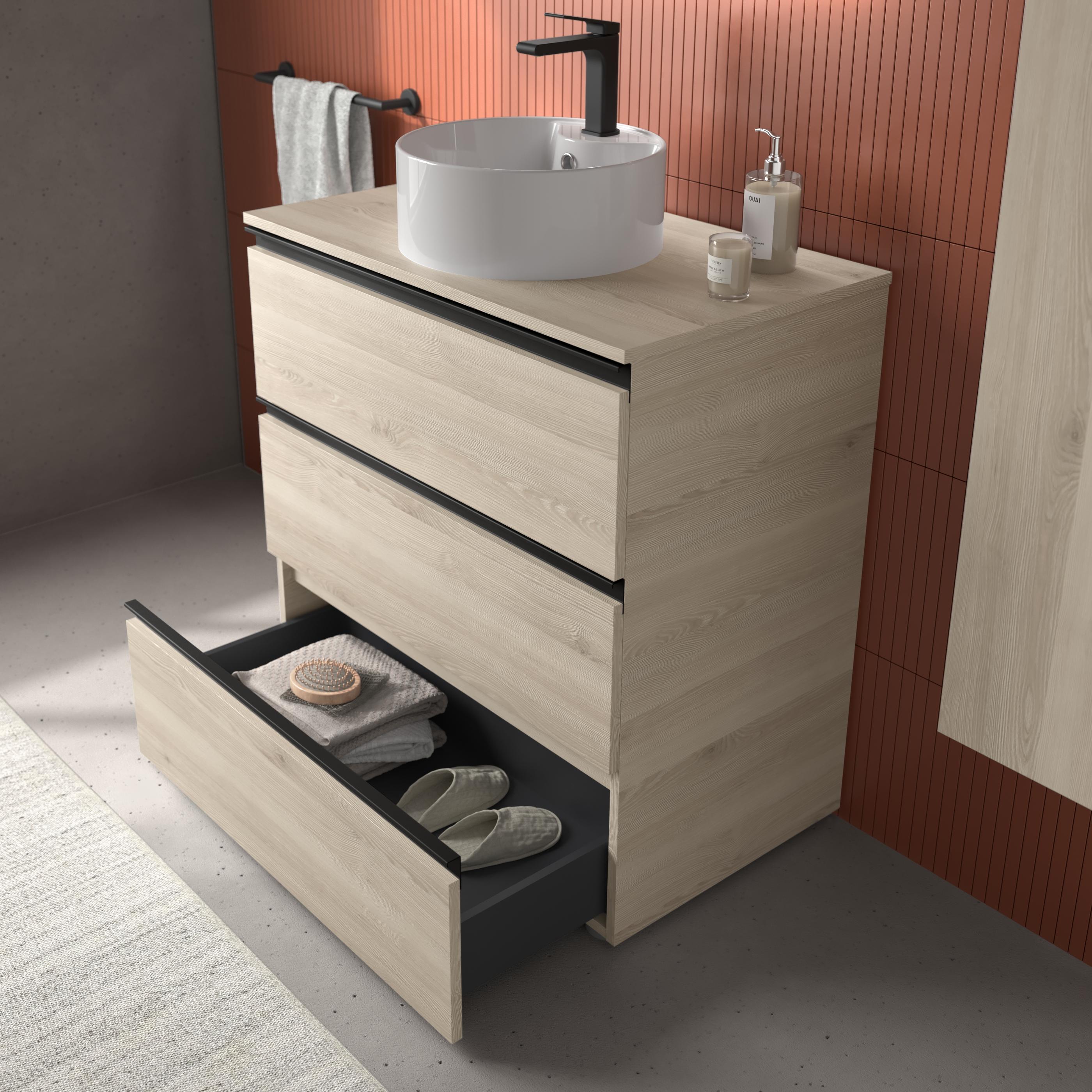 Imagen 3 de Mueble de baño metal 3C con 3 cajones y lavabo sobre encimera de 1 poza Bequia Salgar - Natural 80 cm Natural
