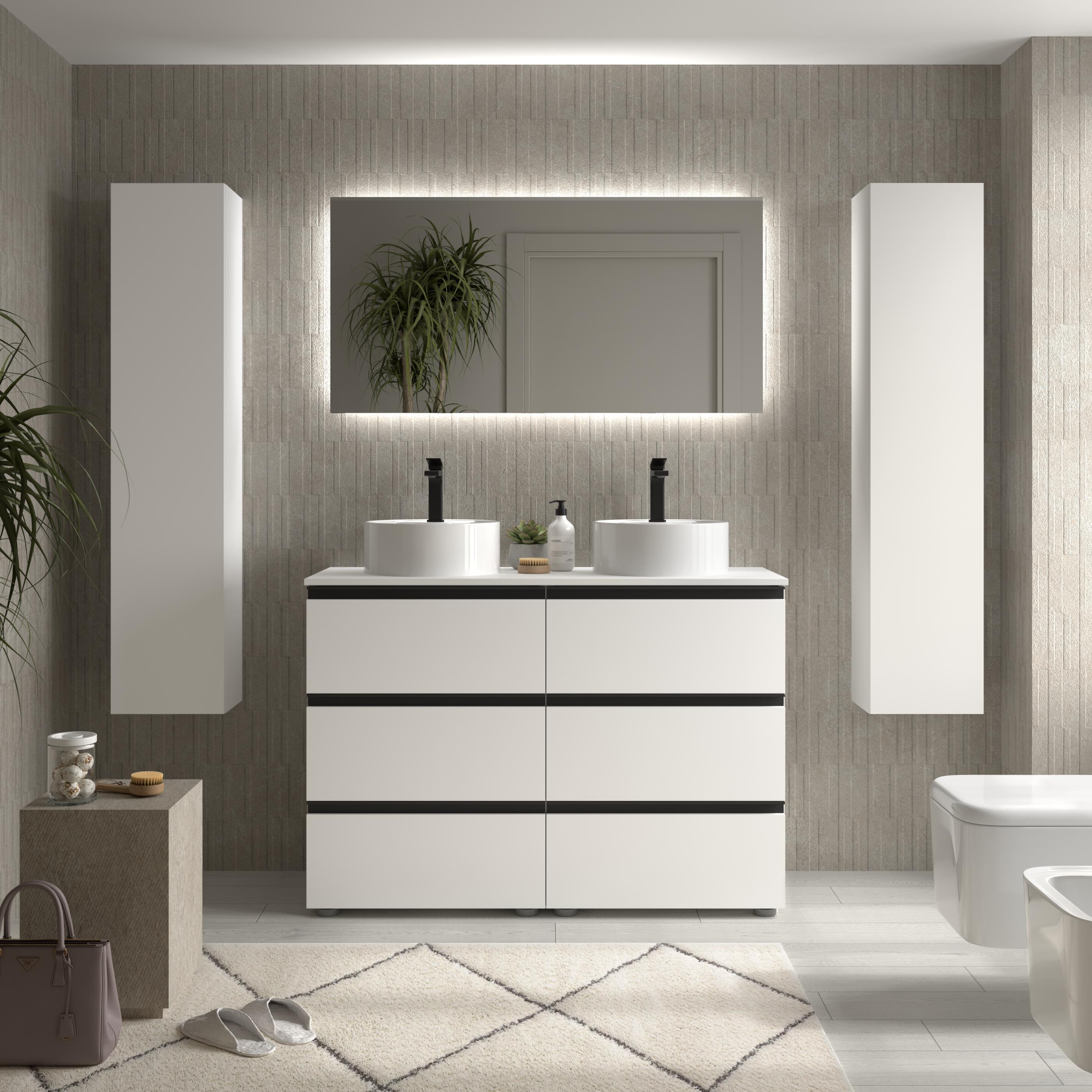 Imagen 2 de Mueble de baño metal 3C con 6 cajones y lavabo sobre encimera de 2 pozas Bequia Salgar - Blanco mate 120 cm Blanco mate