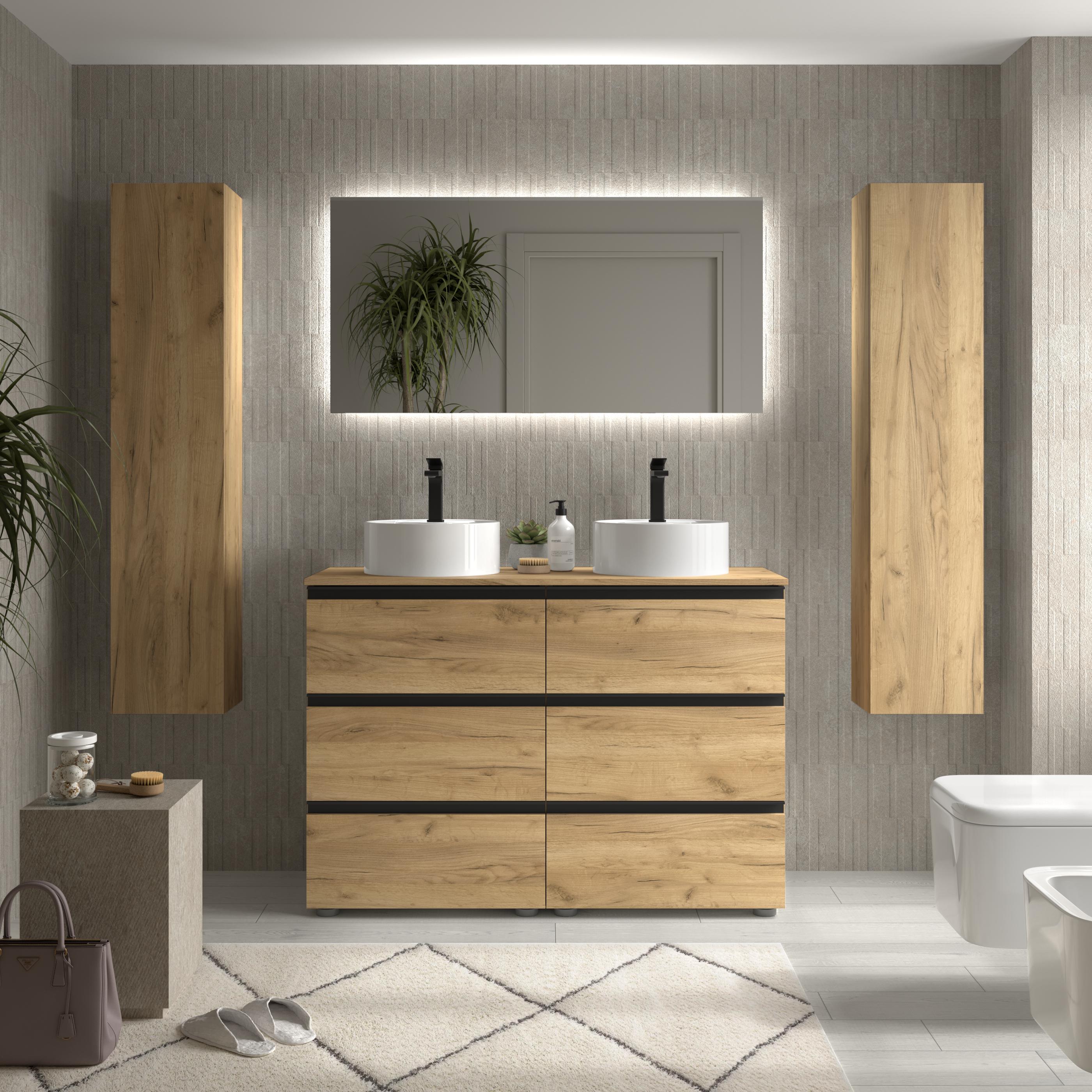 Imagen 2 de Mueble de baño metal 3C con 6 cajones y lavabo sobre encimera de 2 pozas Bequia Salgar - Roble 120 cm Roble