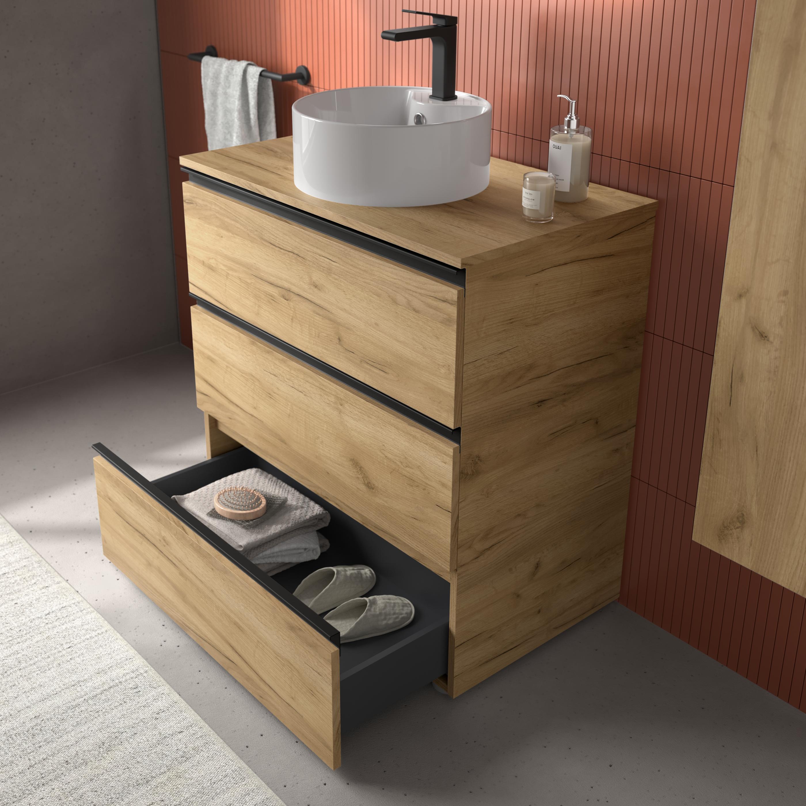 Imagen 3 de Mueble de baño metal 3C con 6 cajones y lavabo sobre encimera de 2 pozas Bequia Salgar - Roble 120 cm Roble