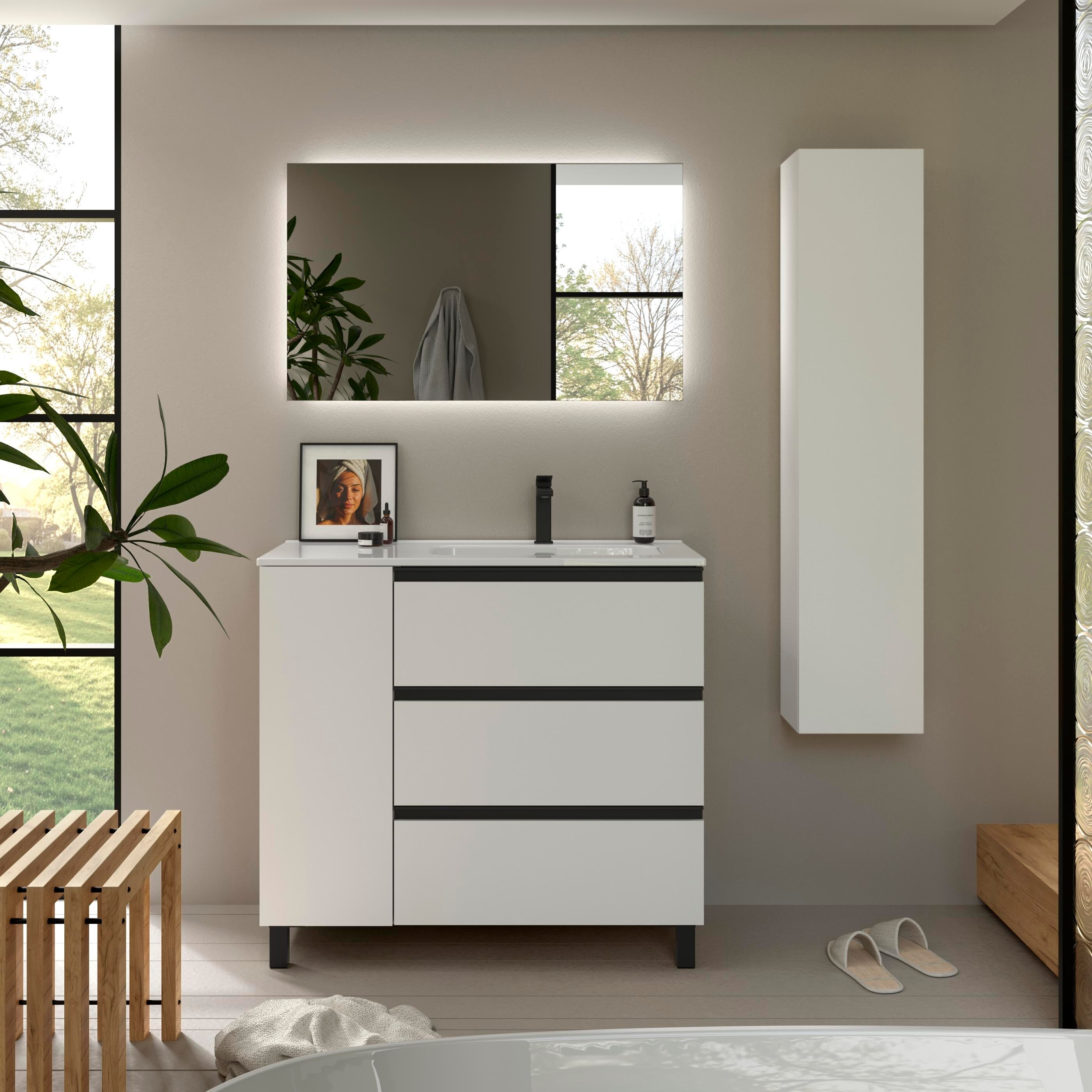Imagen 2 de Mueble de baño 3C con 3 cajones con 1 puerta y lavabo de 1 poza grifo derecha Bequia Plus Metal Salgar - Blanco mate 90 cm Blanco mate