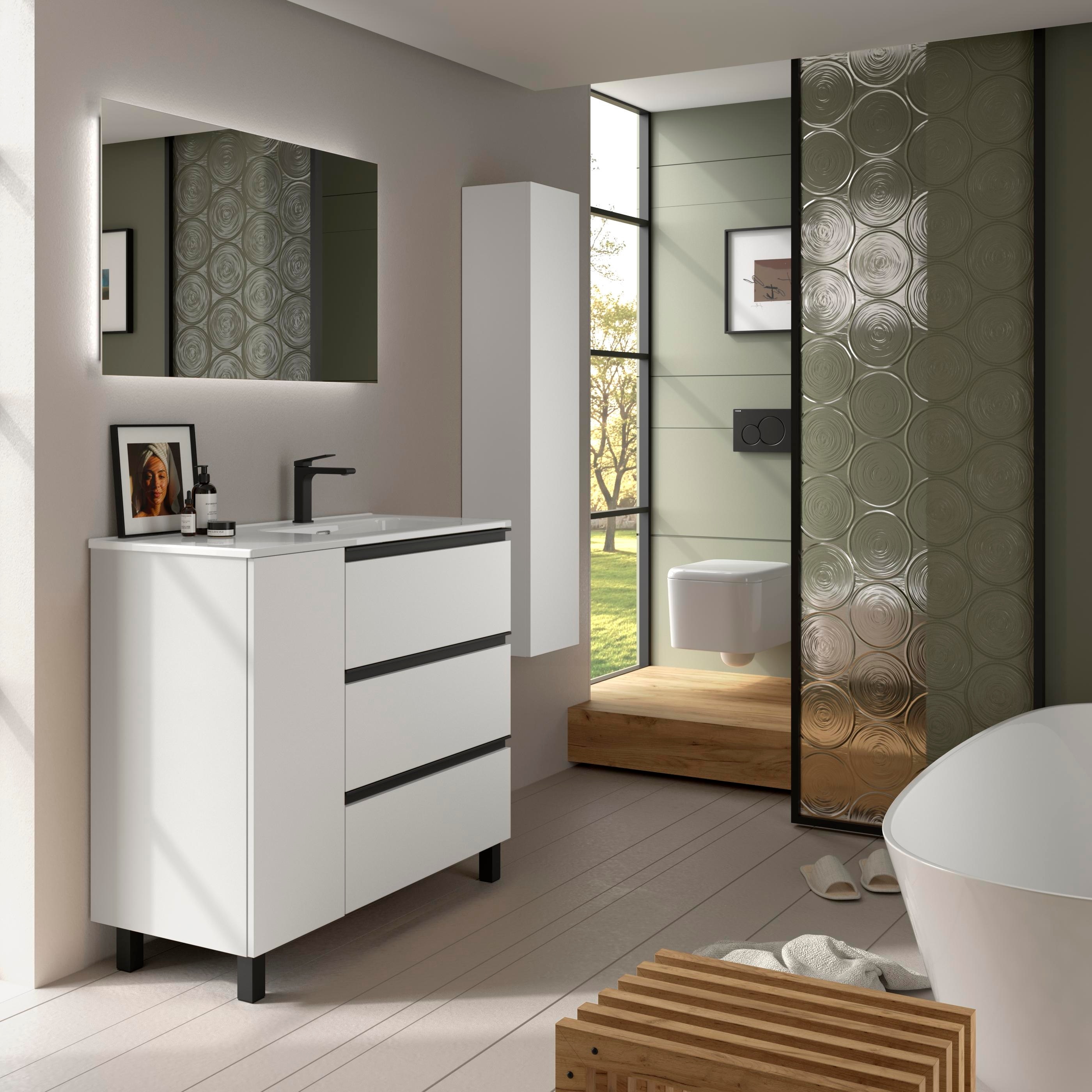 Imagen 3 de Mueble de baño 3C con 3 cajones con 1 puerta y lavabo de 1 poza grifo derecha Bequia Plus Metal Salgar - Blanco mate 90 cm Blanco mate