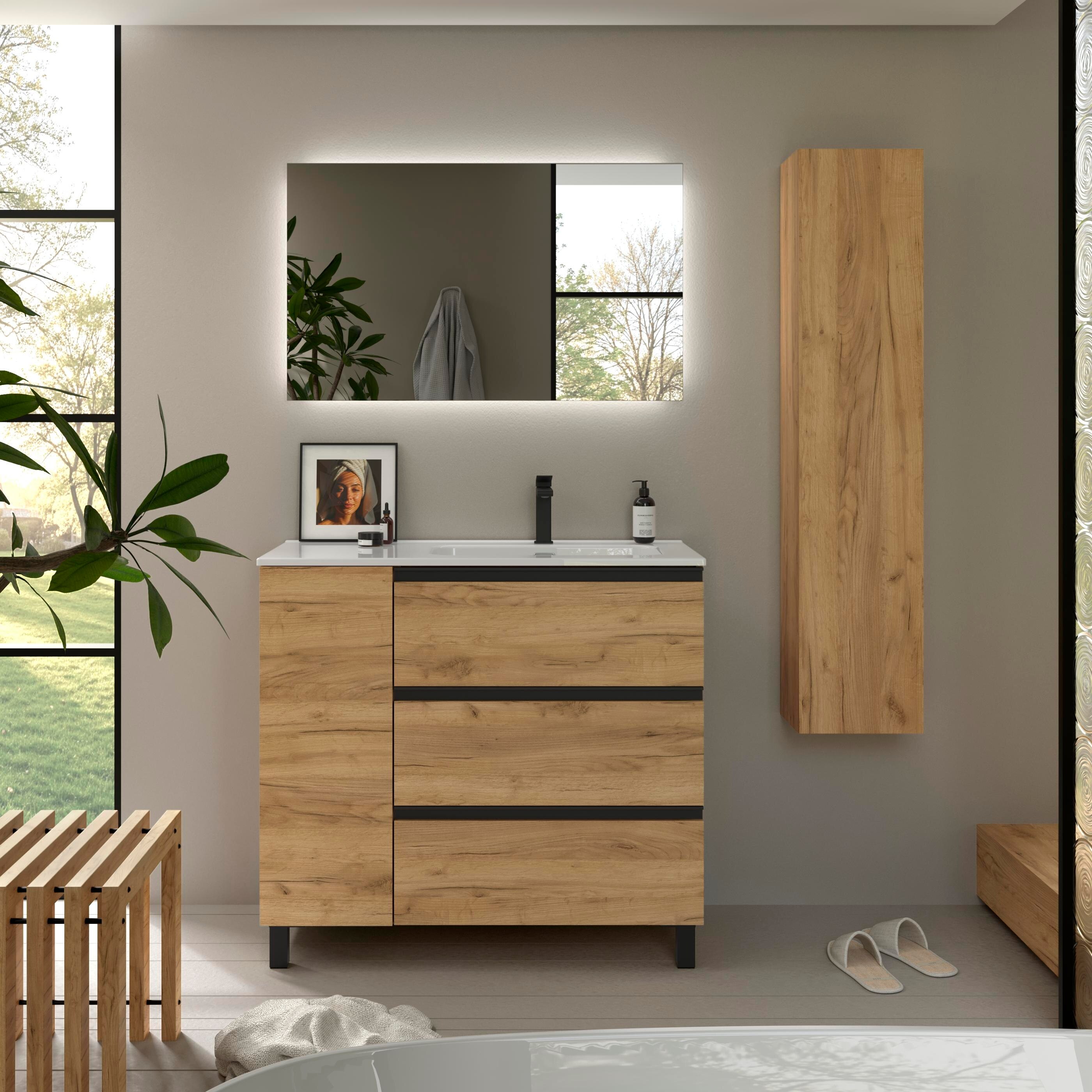 Imagen 2 de Mueble de baño 3C con 3 cajones con 1 puerta y lavabo de 1 poza grifo derecha Bequia Plus Metal Salgar - Roble 90 cm Roble