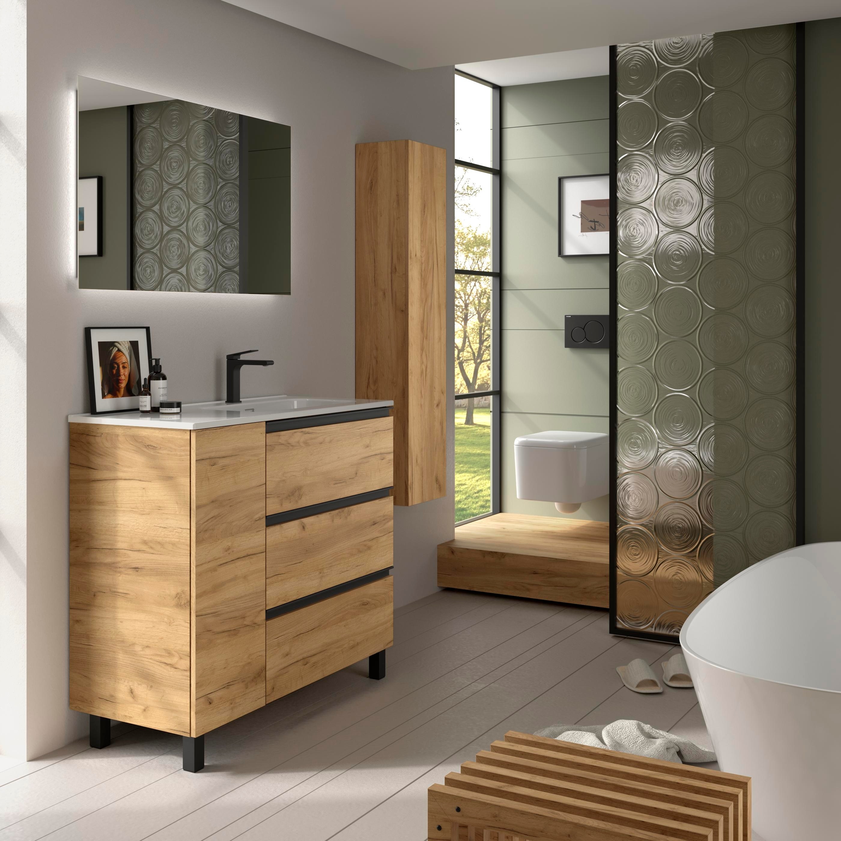 Imagen 3 de Mueble de baño 3C con 3 cajones con 1 puerta y lavabo de 1 poza grifo derecha Bequia Plus Metal Salgar - Roble 90 cm Roble