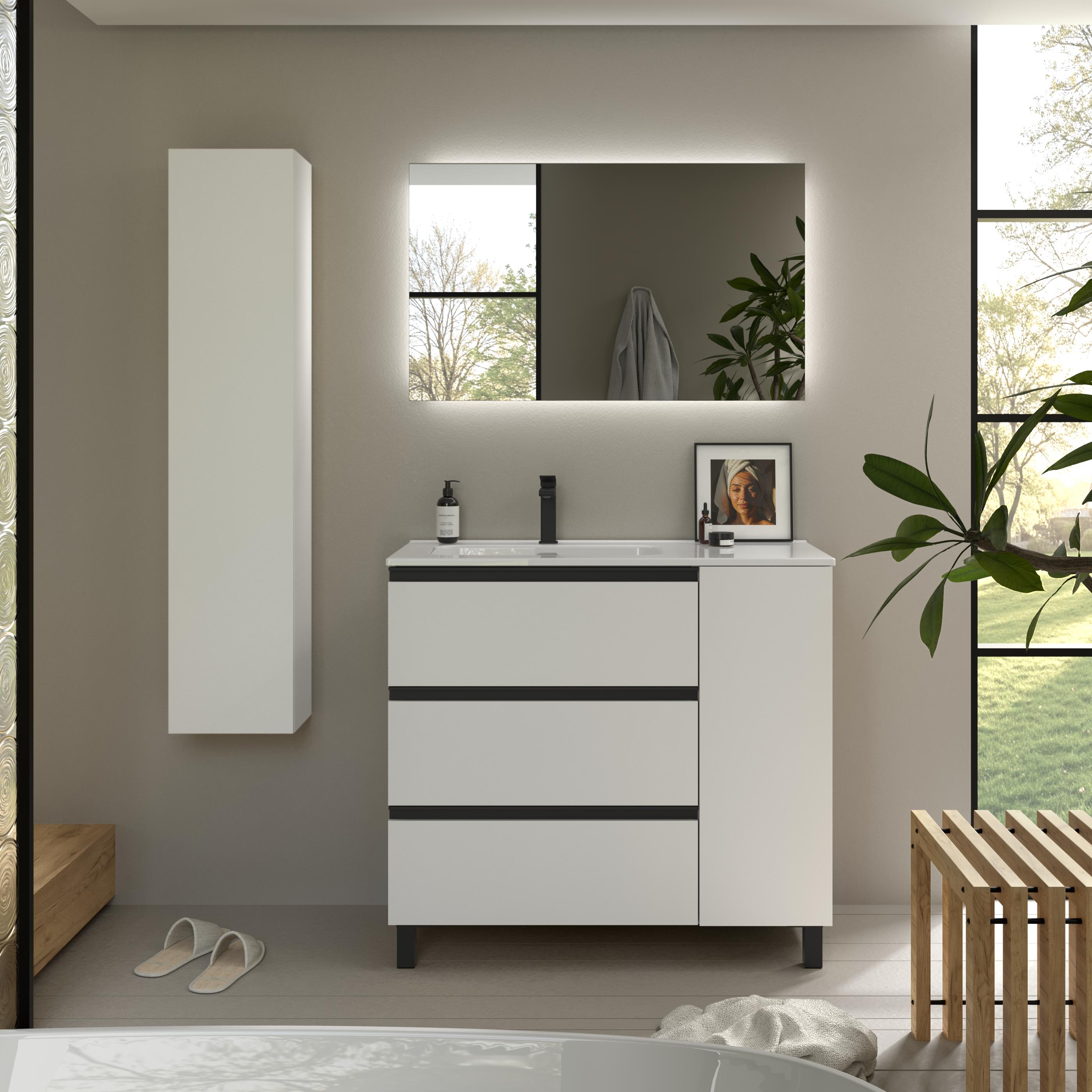 Imagen 2 de Mueble de baño 3C con 3 cajones con 1 puerta y lavabo de 1 poza grifo izquierda Bequia Plus Metal Salgar - Blanco mate 90 cm Blanco mate