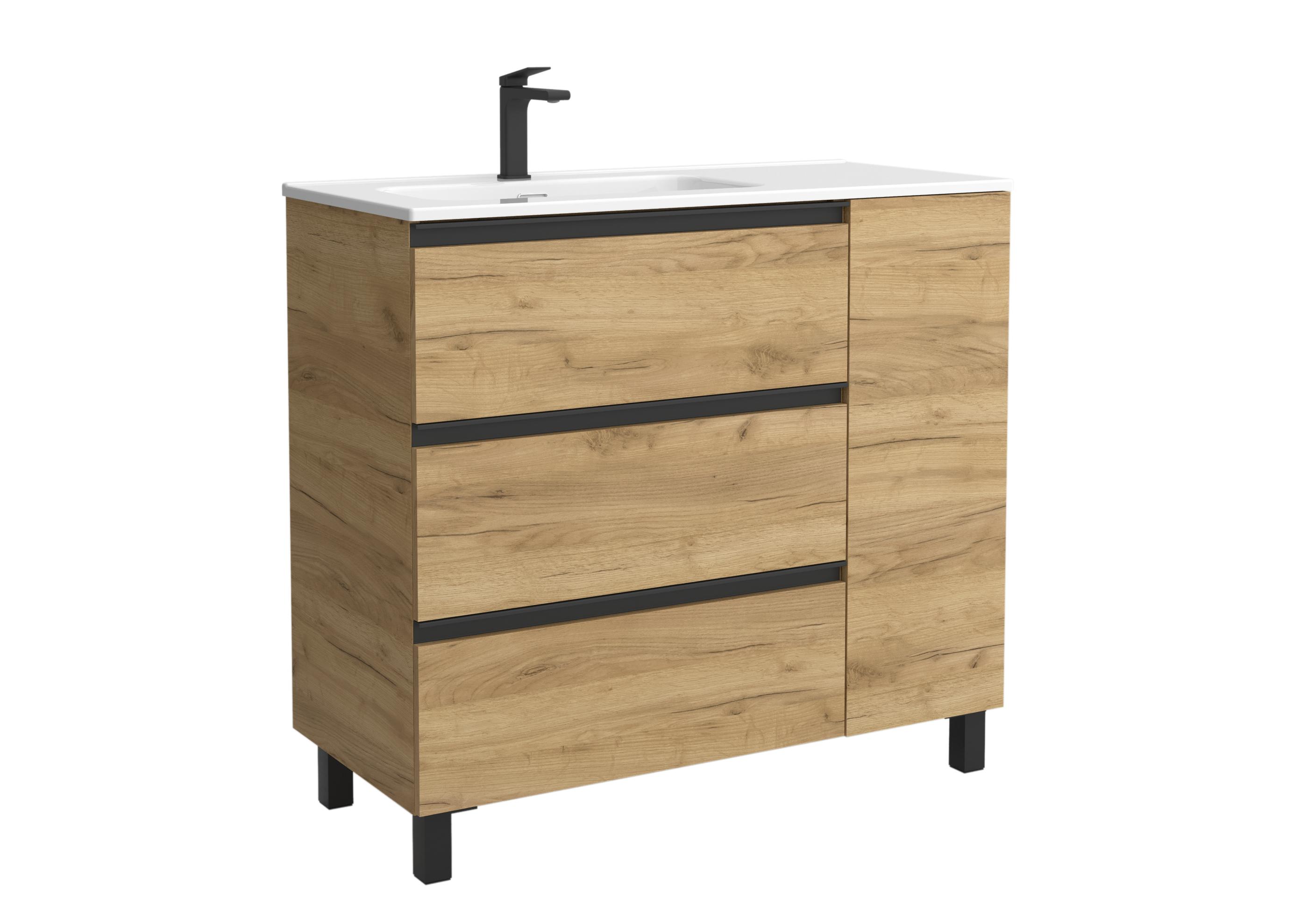 Imagen 1 de Mueble de baño 3C con 3 cajones con 1 puerta y lavabo de 1 poza grifo izquierda Bequia Plus Metal Salgar - Roble 90 cm Roble