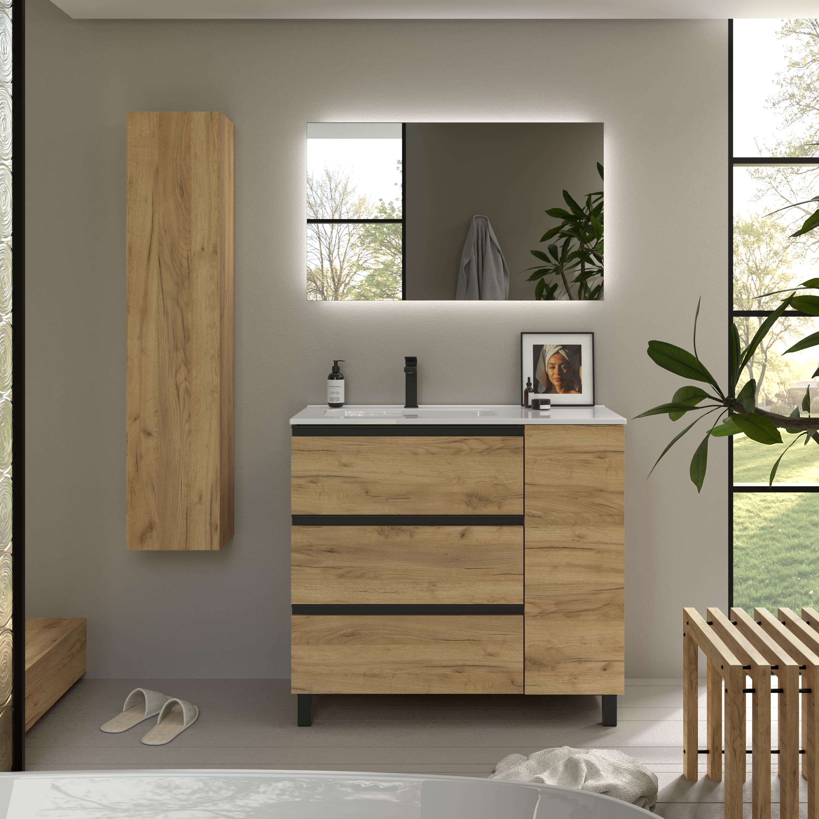 Imagen 2 de Mueble de baño 3C con 3 cajones con 1 puerta y lavabo de 1 poza grifo izquierda Bequia Plus Metal Salgar - Roble 90 cm Roble