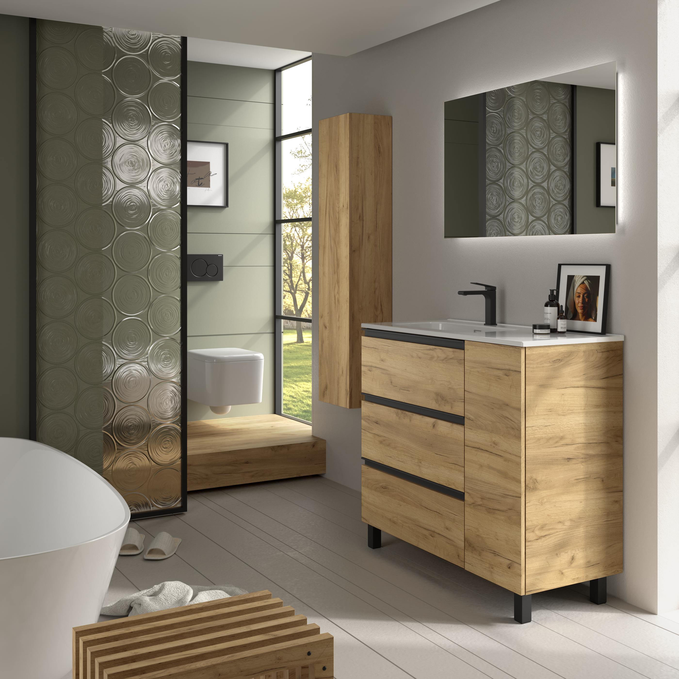 Imagen 3 de Mueble de baño 3C con 3 cajones con 1 puerta y lavabo de 1 poza grifo izquierda Bequia Plus Metal Salgar - Roble 90 cm Roble