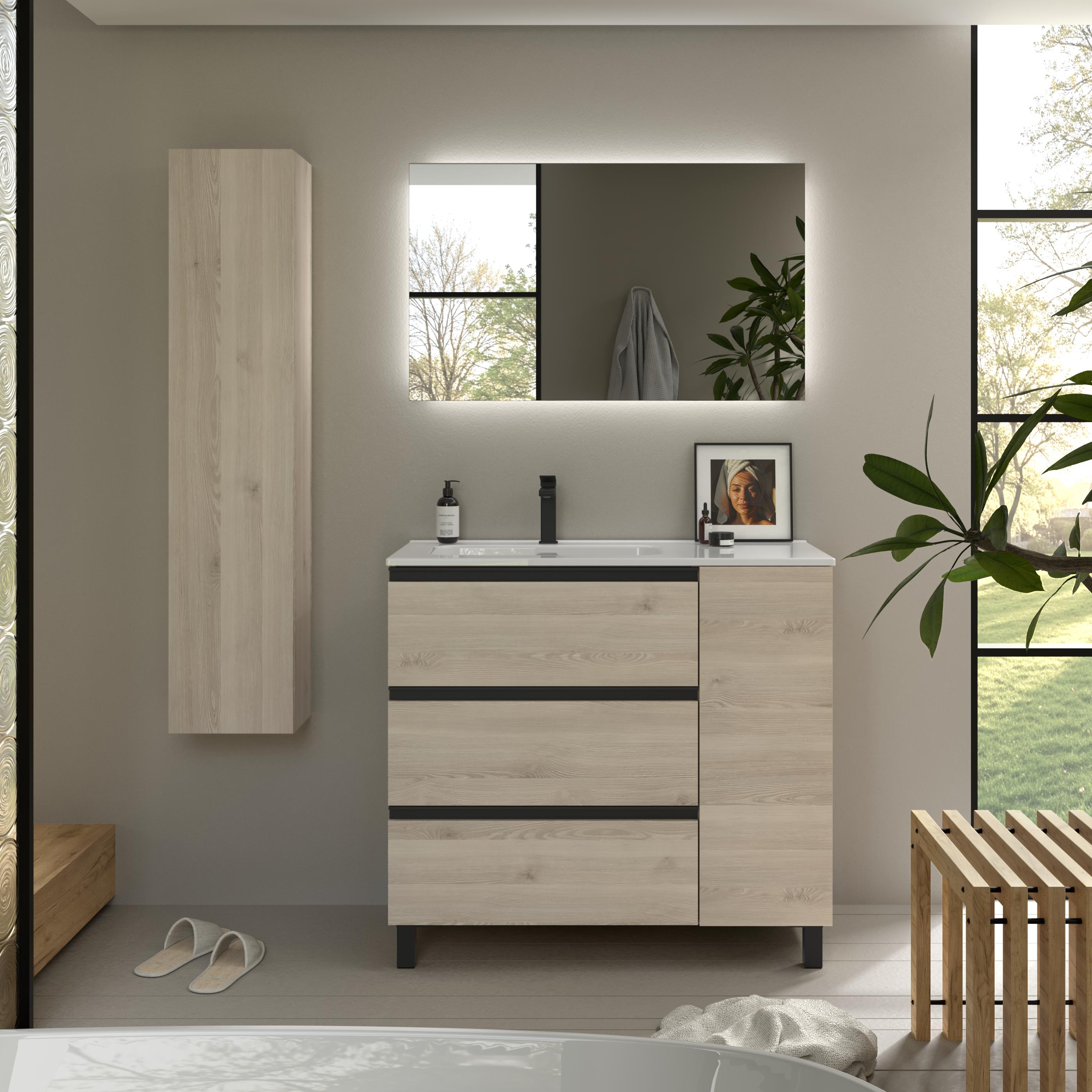 Imagen 2 de Mueble de baño 3C con 3 cajones con 1 puerta y lavabo de 1 poza grifo izquierda Bequia Plus Metal Salgar - Natural 90 cm Natural