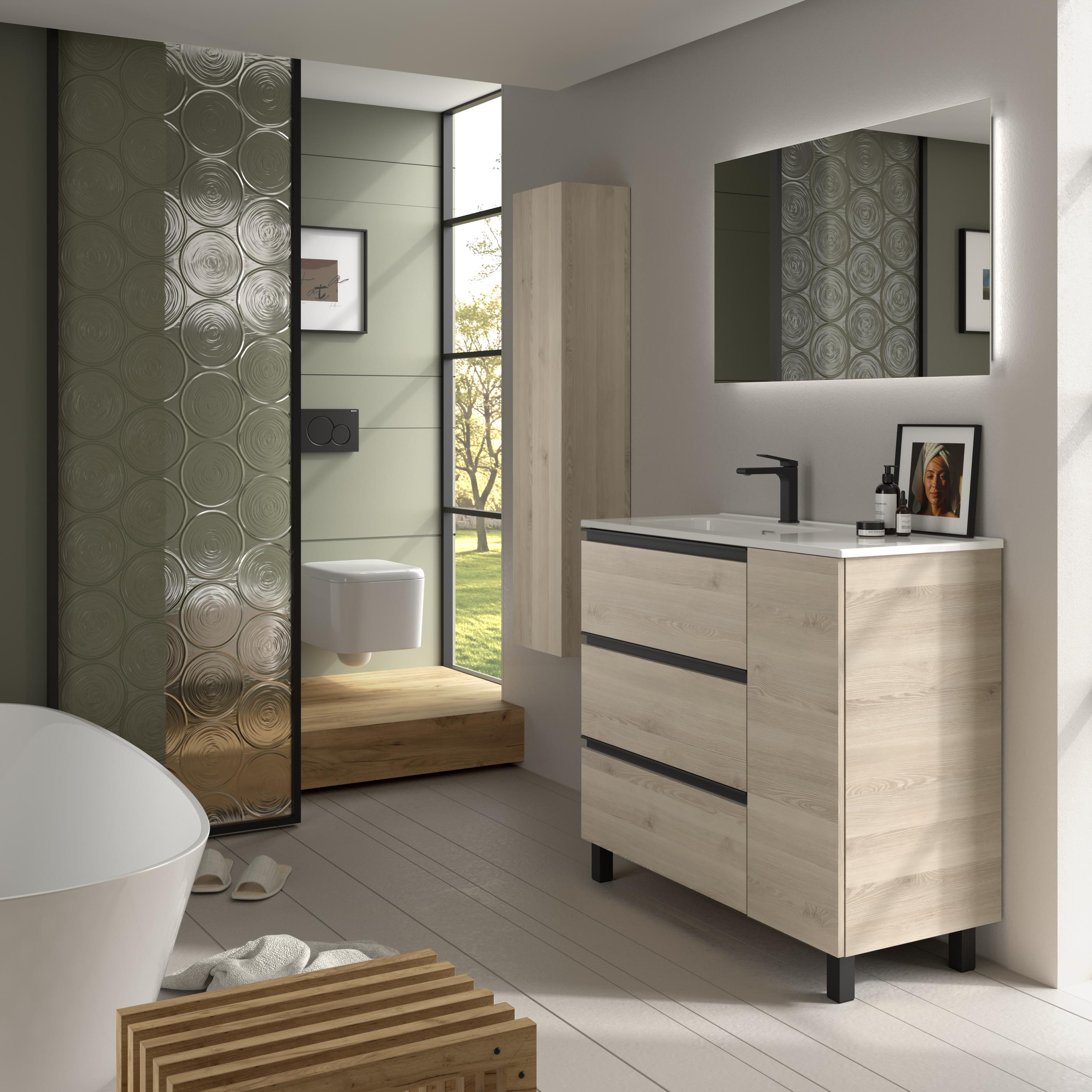 Imagen 3 de Mueble de baño 3C con 3 cajones con 1 puerta y lavabo de 1 poza grifo izquierda Bequia Plus Metal Salgar - Natural 90 cm Natural
