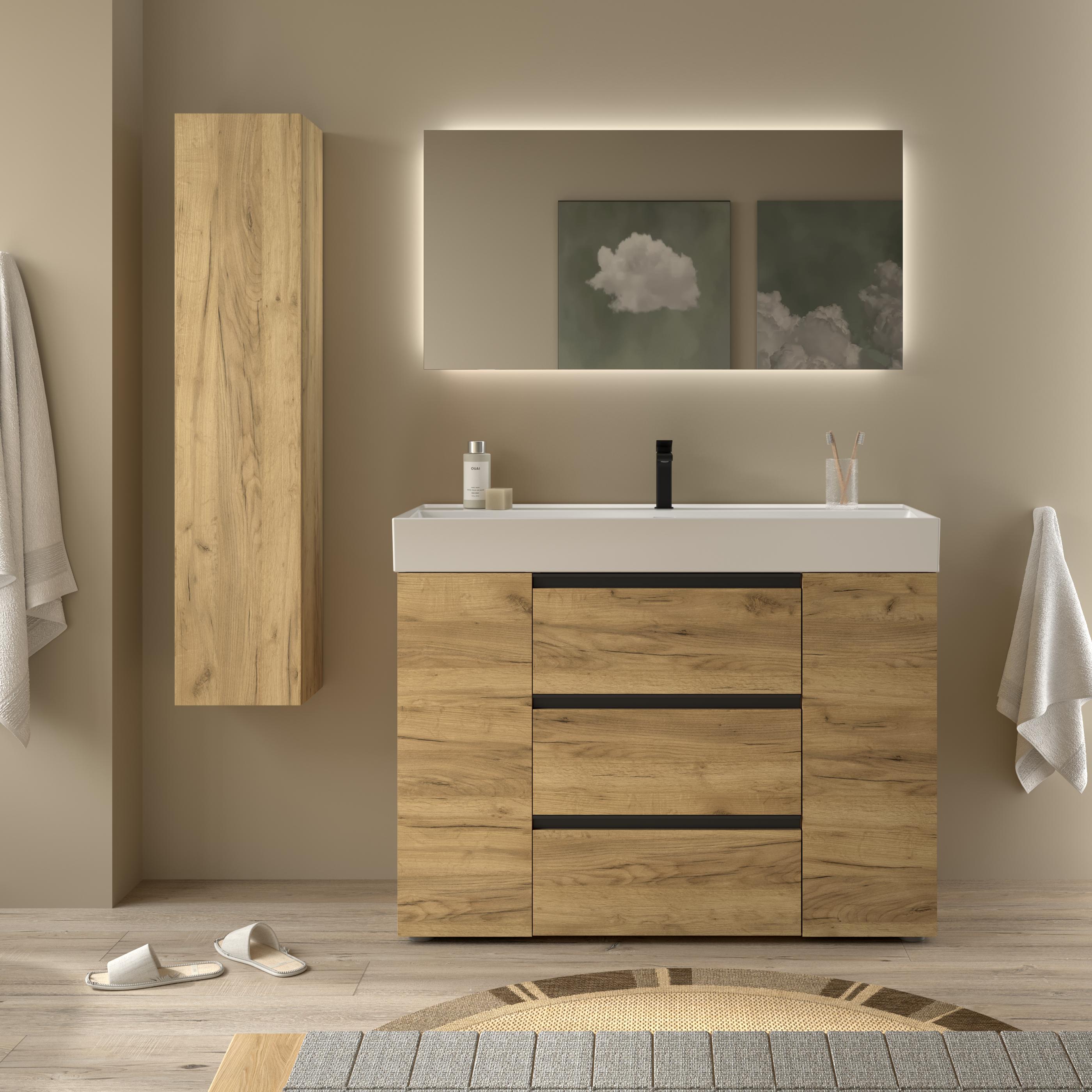 Imagen 2 de Mueble de baño 3C con 3 cajones con 1 puerta y lavabo Veneto de 1 poza Bequia Plus Metal Salgar - Roble 120 cm Roble