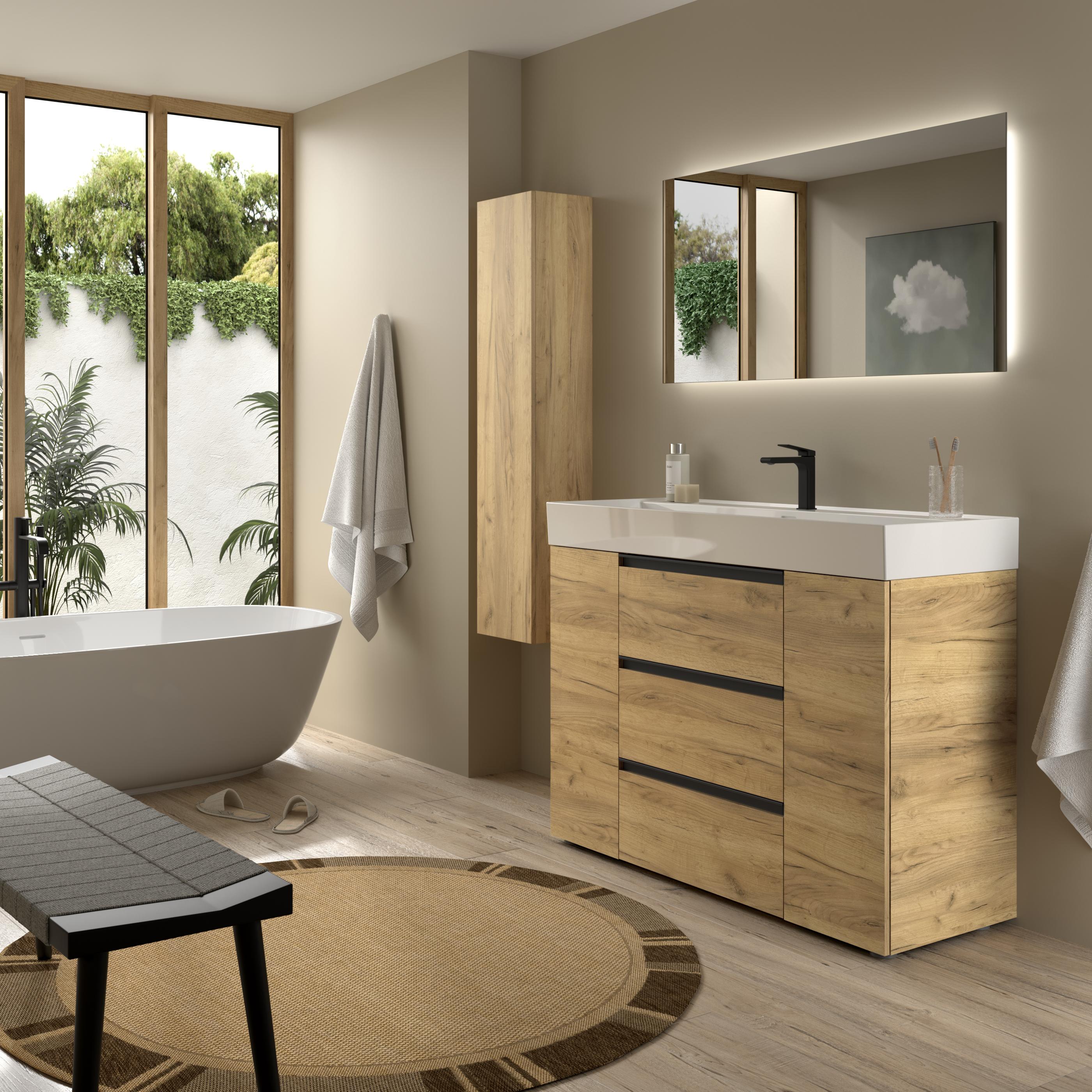 Imagen 3 de Mueble de baño 3C con 3 cajones con 1 puerta y lavabo Veneto de 1 poza Bequia Plus Metal Salgar - Roble 120 cm Roble