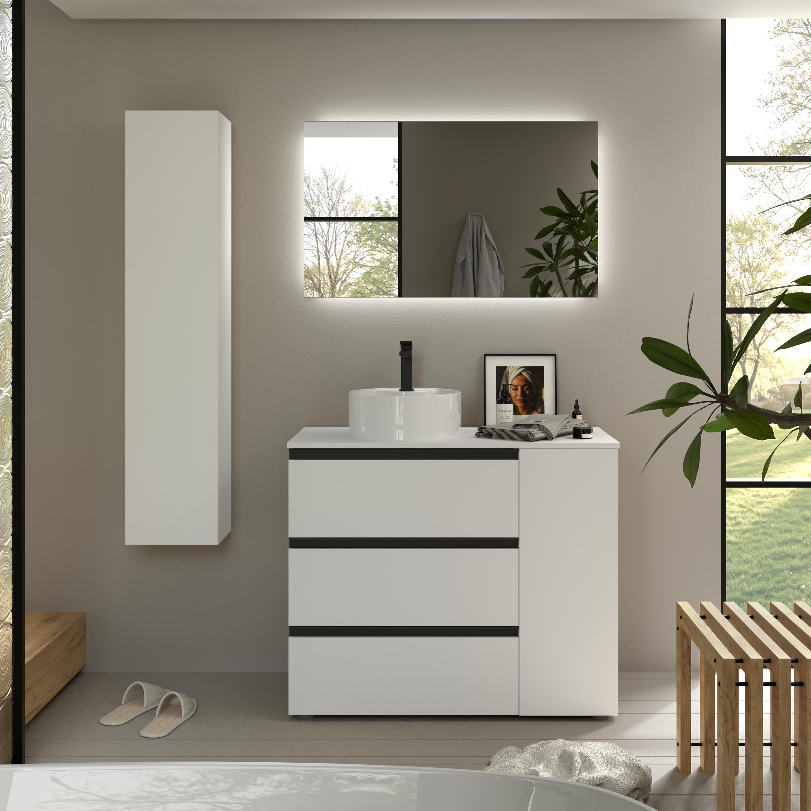 Imagen 2 de Mueble de baño 3C con 3 cajones con 1 puerta y lavabo sobre encimera de 1 poza lado reversible Bequia Plus Metal Salgar - Blanco mate 90 cm Blanco mate