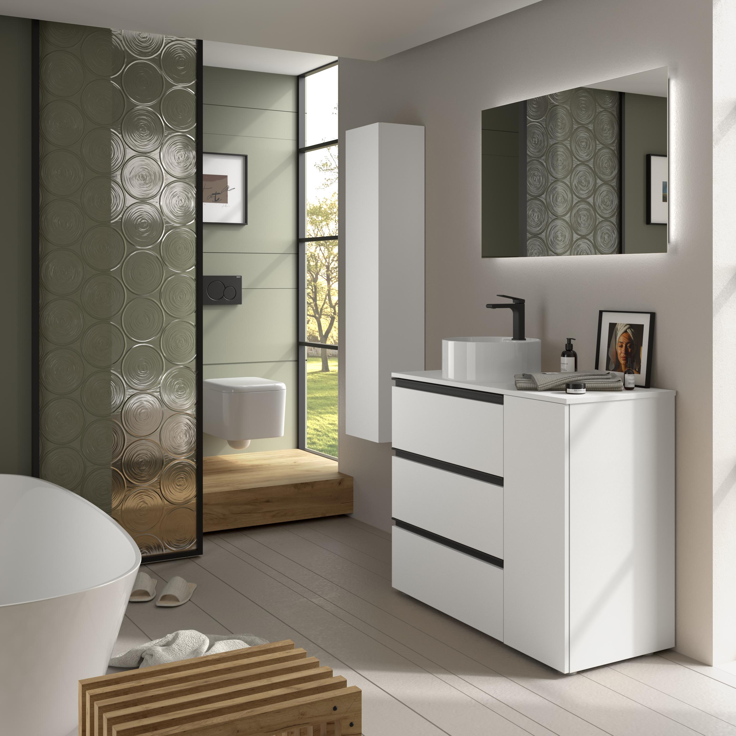 Imagen 3 de Mueble de baño 3C con 3 cajones con 1 puerta y lavabo sobre encimera de 1 poza lado reversible Bequia Plus Metal Salgar - Blanco mate 90 cm Blanco mate