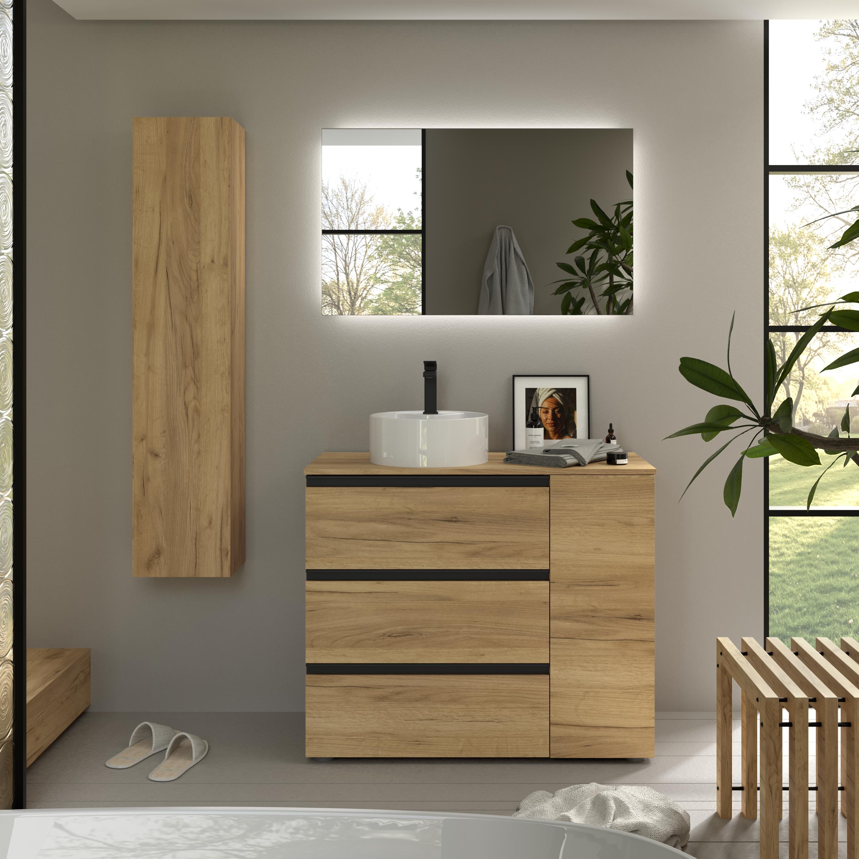 Imagen 2 de Mueble de baño 3C con 3 cajones con 1 puerta y lavabo sobre encimera de 1 poza lado reversible Bequia Plus Metal Salgar - Roble 90 cm Roble