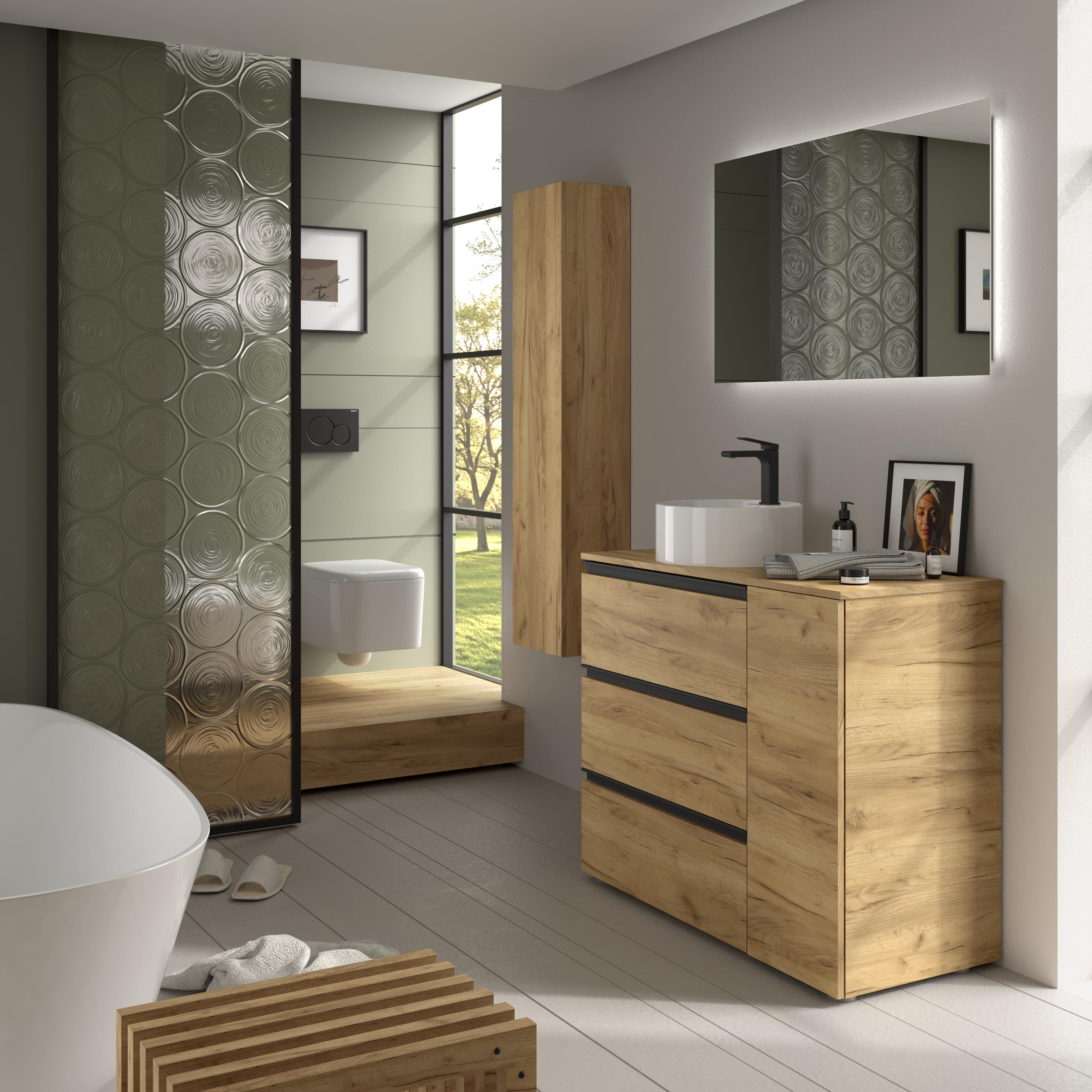 Imagen 3 de Mueble de baño 3C con 3 cajones con 1 puerta y lavabo sobre encimera de 1 poza lado reversible Bequia Plus Metal Salgar - Roble 90 cm Roble