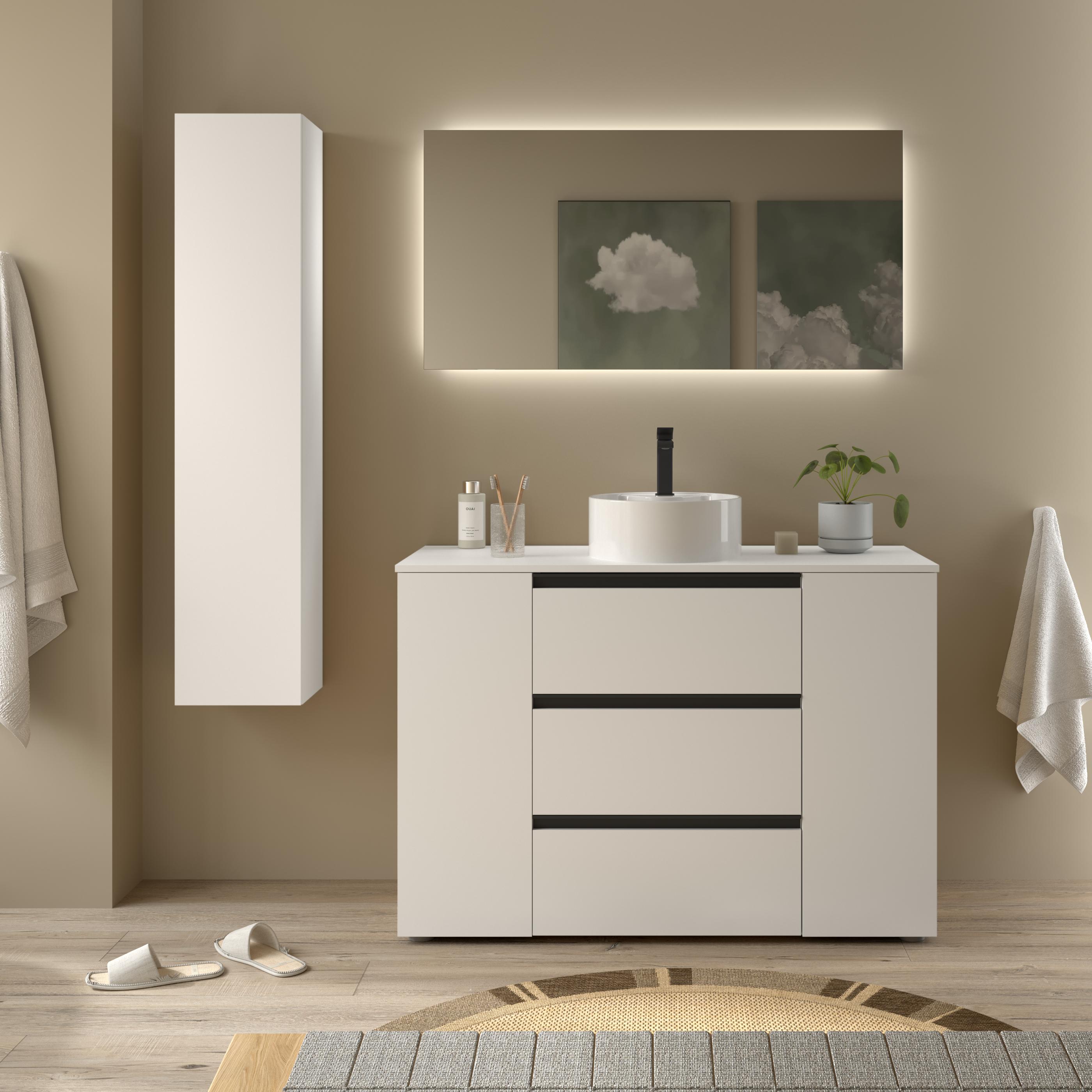 Imagen 2 de Mueble de baño 3C con 3 cajones con 1 puerta y lavabo sobre encimera de 1 poza lado reversible Bequia Plus Metal Salgar - Blanco mate 120 cm Blanco mate