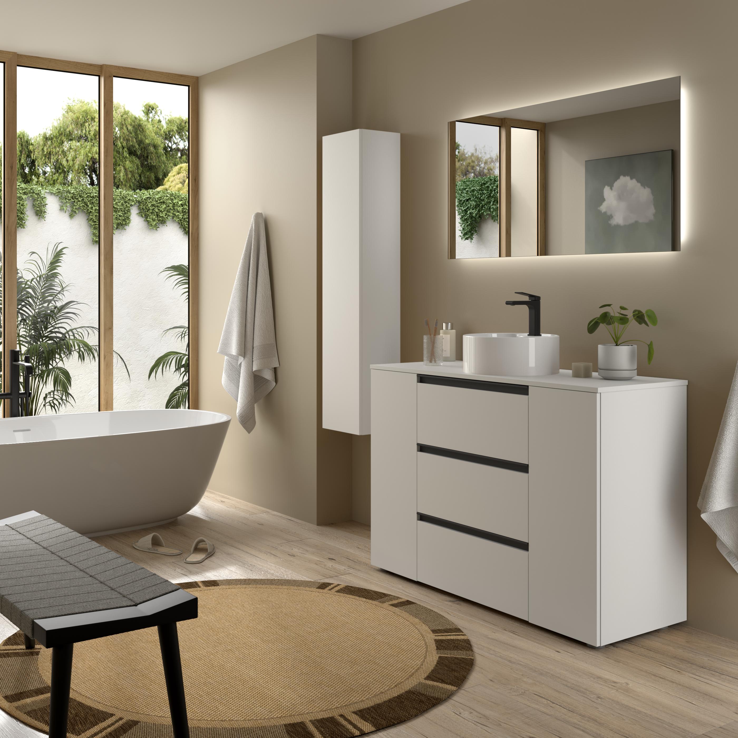 Imagen 3 de Mueble de baño 3C con 3 cajones con 1 puerta y lavabo sobre encimera de 1 poza lado reversible Bequia Plus Metal Salgar - Blanco mate 120 cm Blanco mate