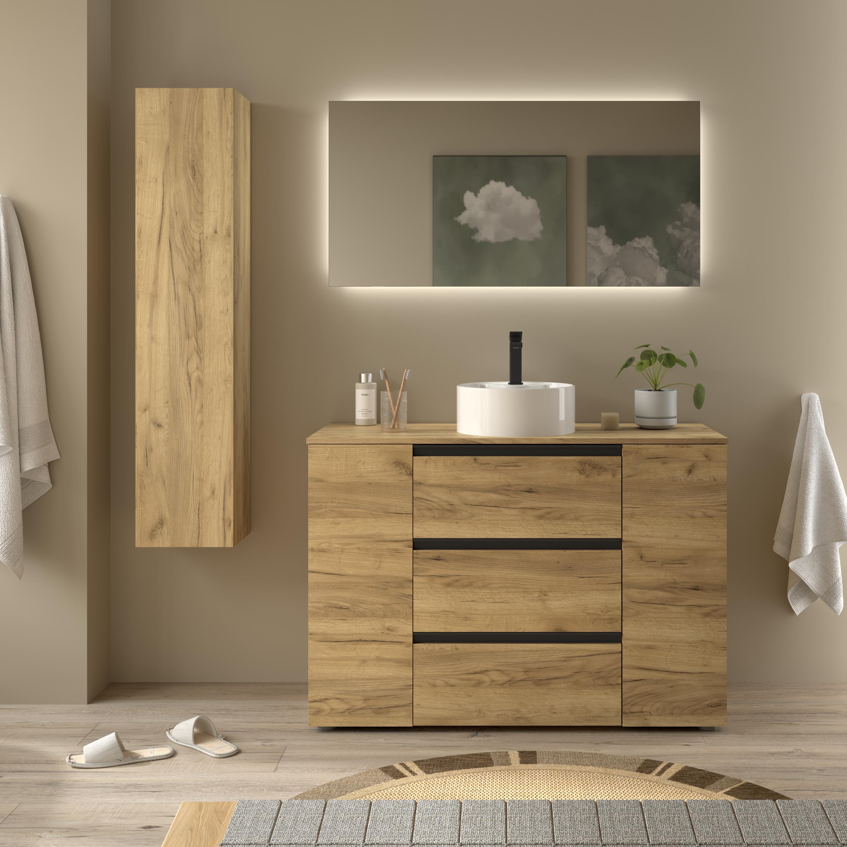 Imagen 2 de Mueble de baño 3C con 3 cajones con 1 puerta y lavabo sobre encimera de 1 poza lado reversible Bequia Plus Metal Salgar - Roble 120 cm Roble
