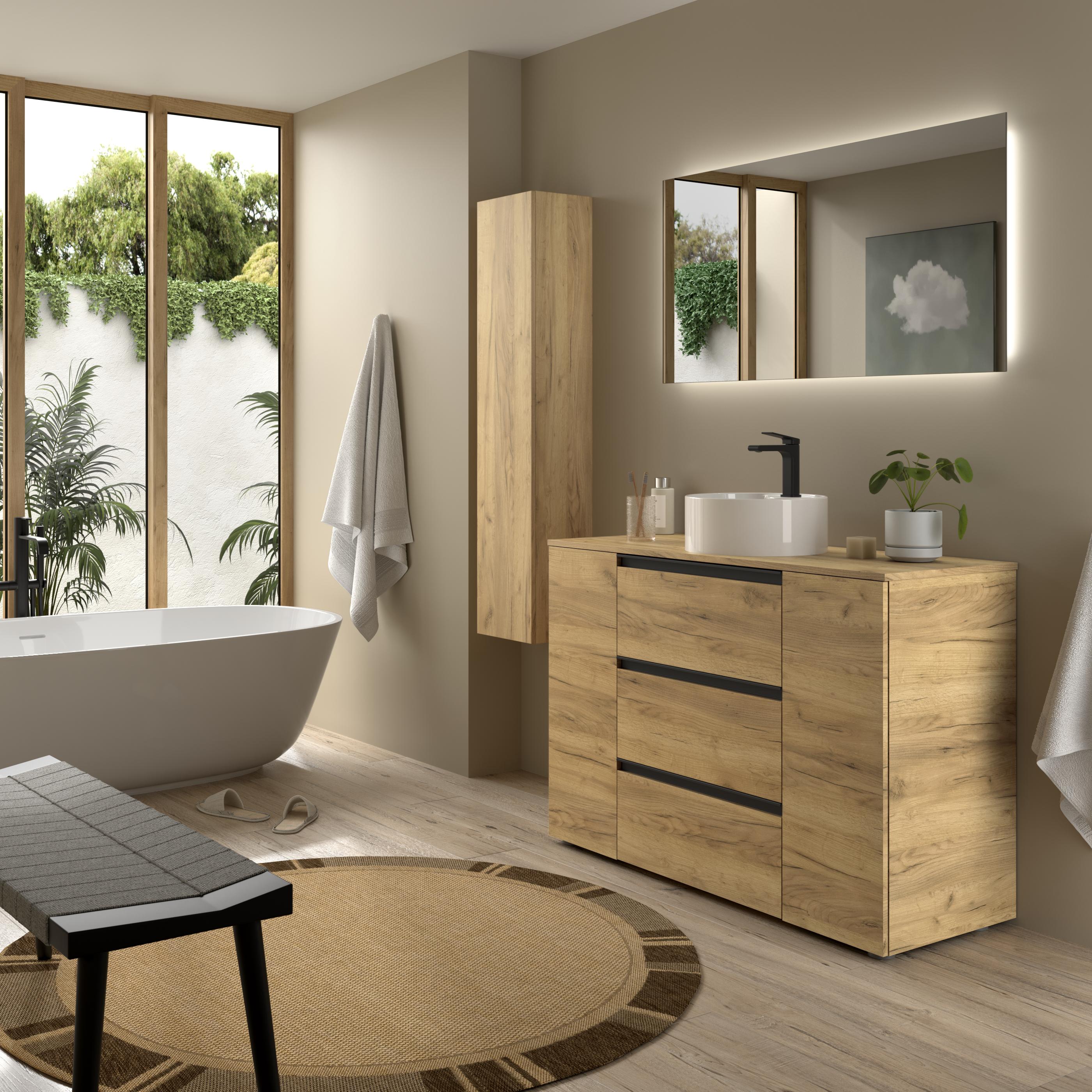 Imagen 3 de Mueble de baño 3C con 3 cajones con 1 puerta y lavabo sobre encimera de 1 poza lado reversible Bequia Plus Metal Salgar - Roble 120 cm Roble