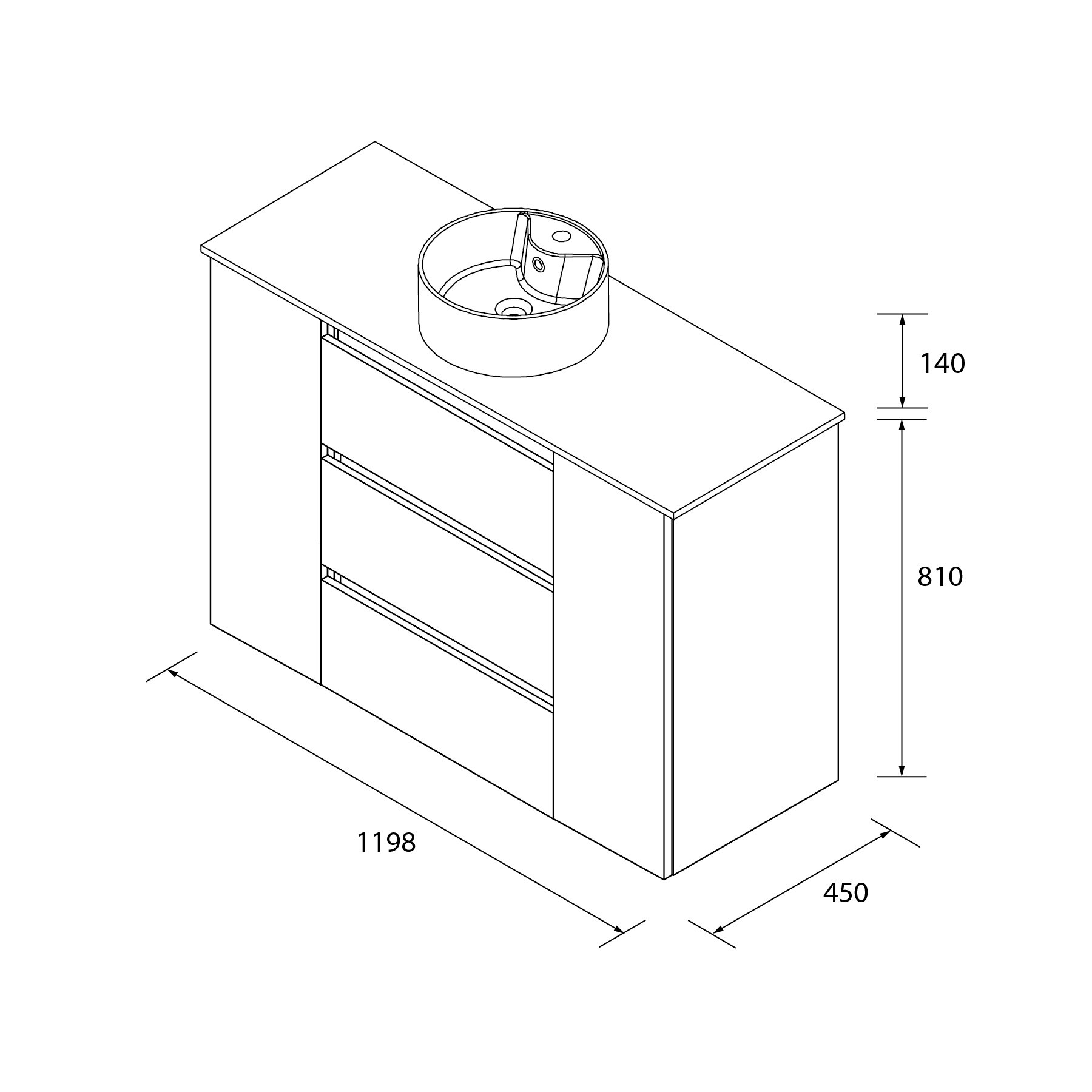 Imagen 6 de Mueble de baño 3C con 3 cajones con 1 puerta y lavabo sobre encimera de 1 poza lado reversible Bequia Plus Metal Salgar - Roble 120 cm Roble